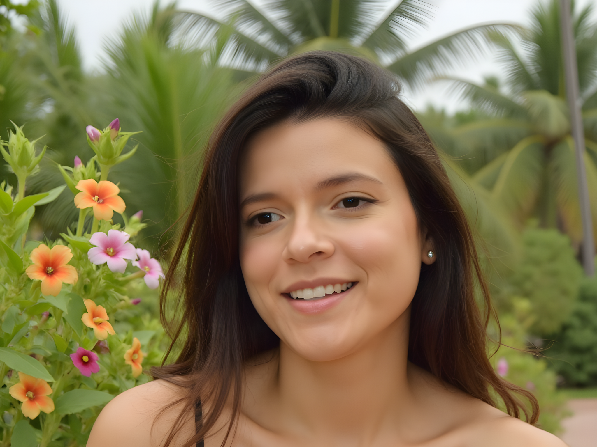 Smiling young woman with long hair surrounded by colorful flowers and lush greenery.