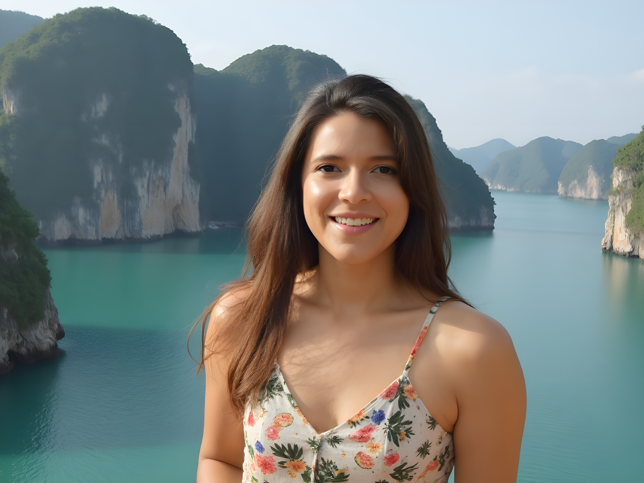 Young woman smiling in front of a stunning turquoise lake surrounded by mountains, showcasing a serene outdoor landscape.