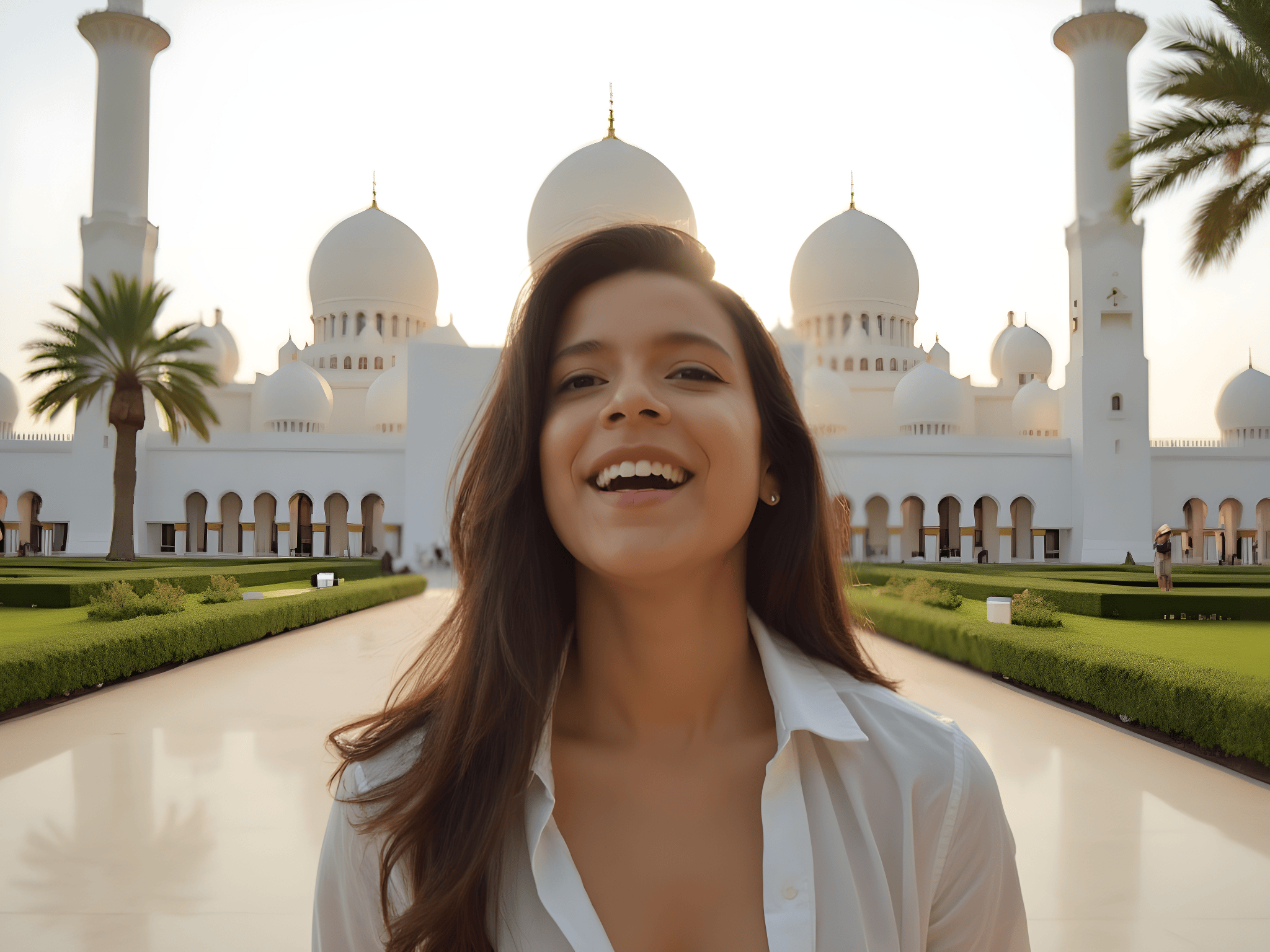 Smiling woman in a white shirt in front of the Sheikh Zayed Grand Mosque, Abu Dhabi, at sunset.