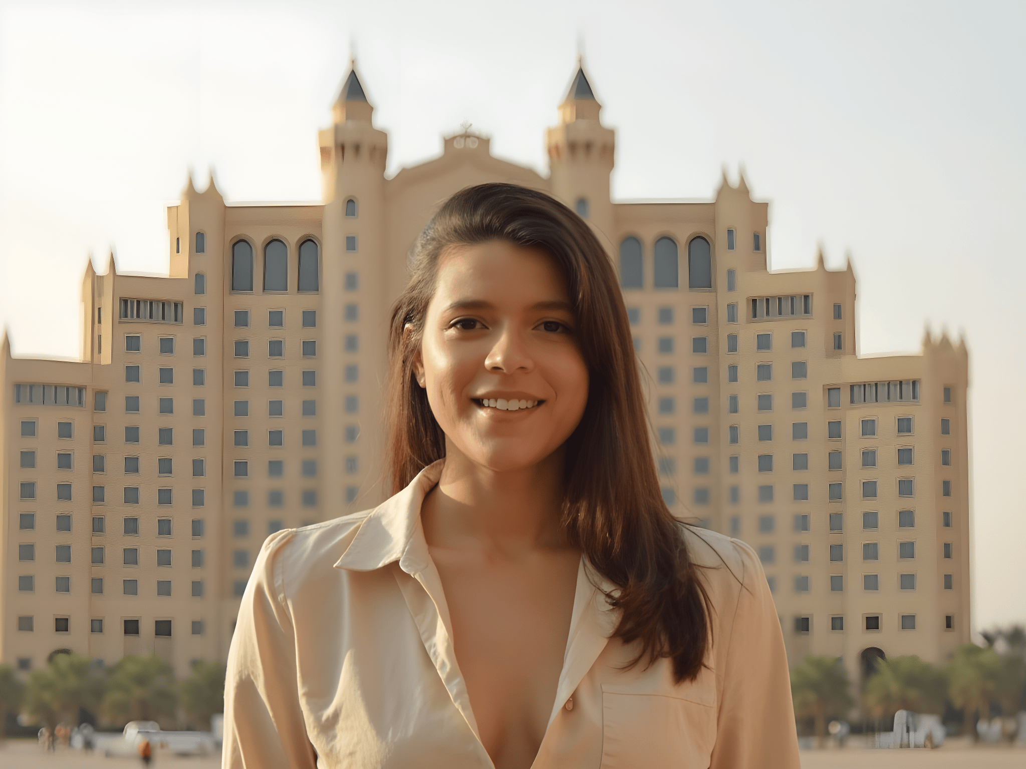 Smiling woman in a light blouse with a luxurious hotel in the background, showcasing a beautiful outdoor setting.