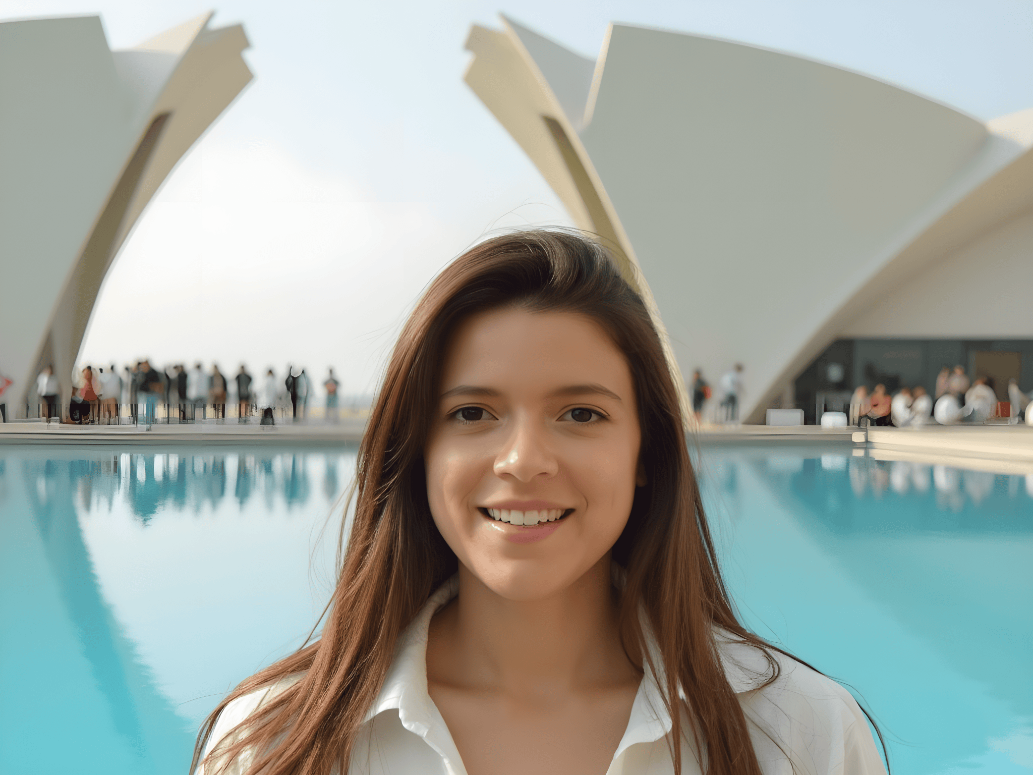Young woman smiling by a serene pool with modern architectural structures in the background.