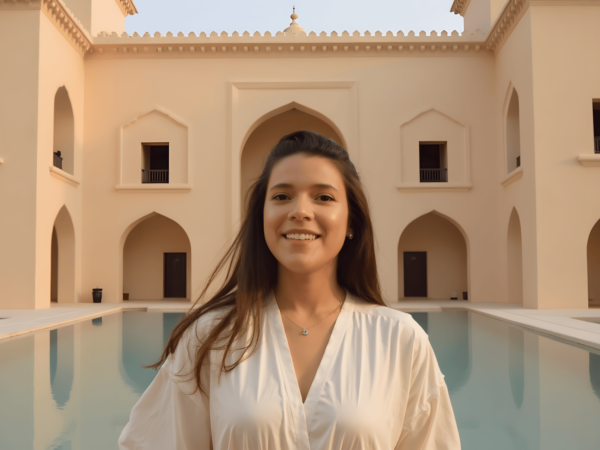 Smiling woman standing by a serene pool in an elegant architectural courtyard with arched doorways.