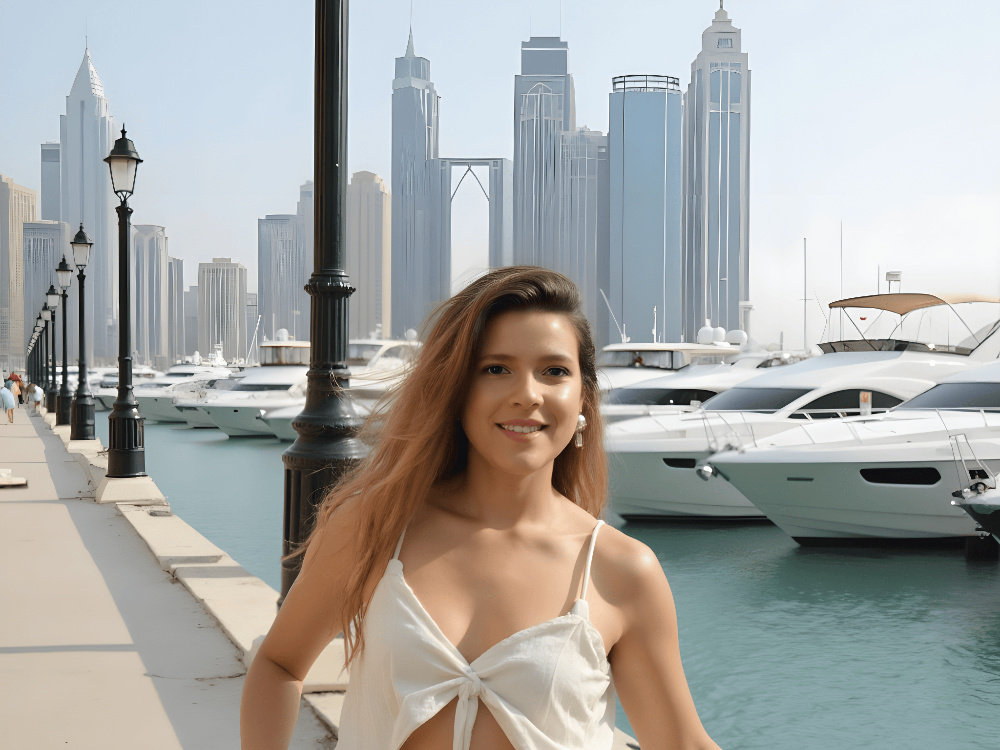 Smiling woman in casual attire poses by the marina with luxury yachts and a skyline of skyscrapers in the background.