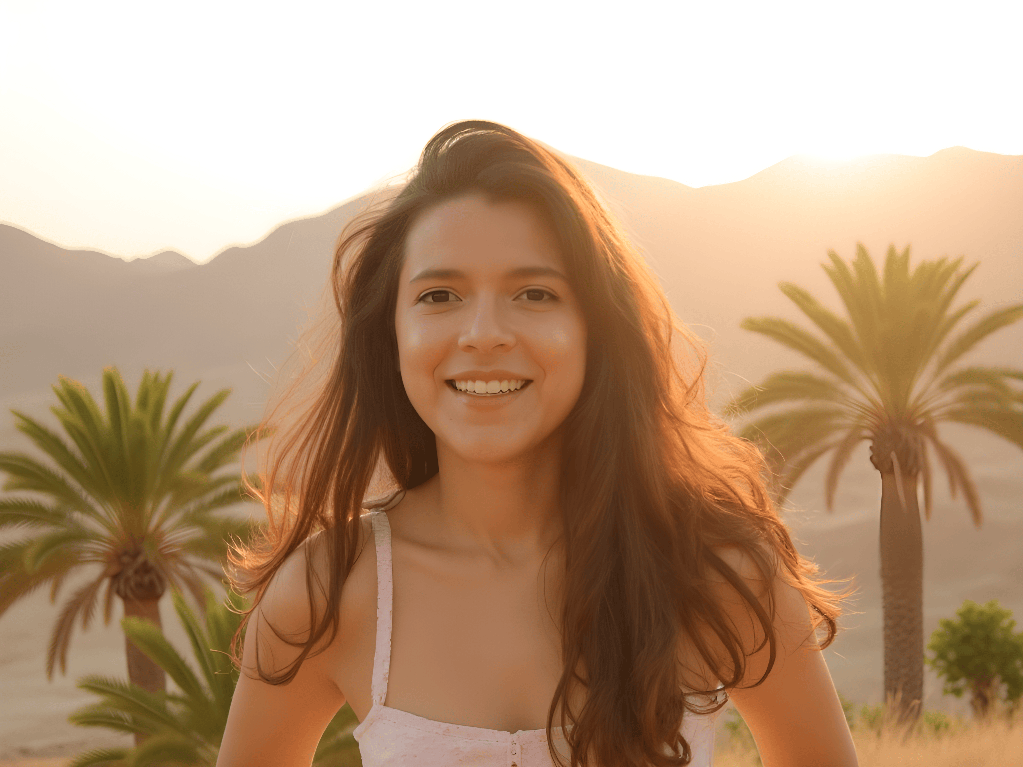 Smiling woman in a sunlit desert landscape with palm trees in the background.