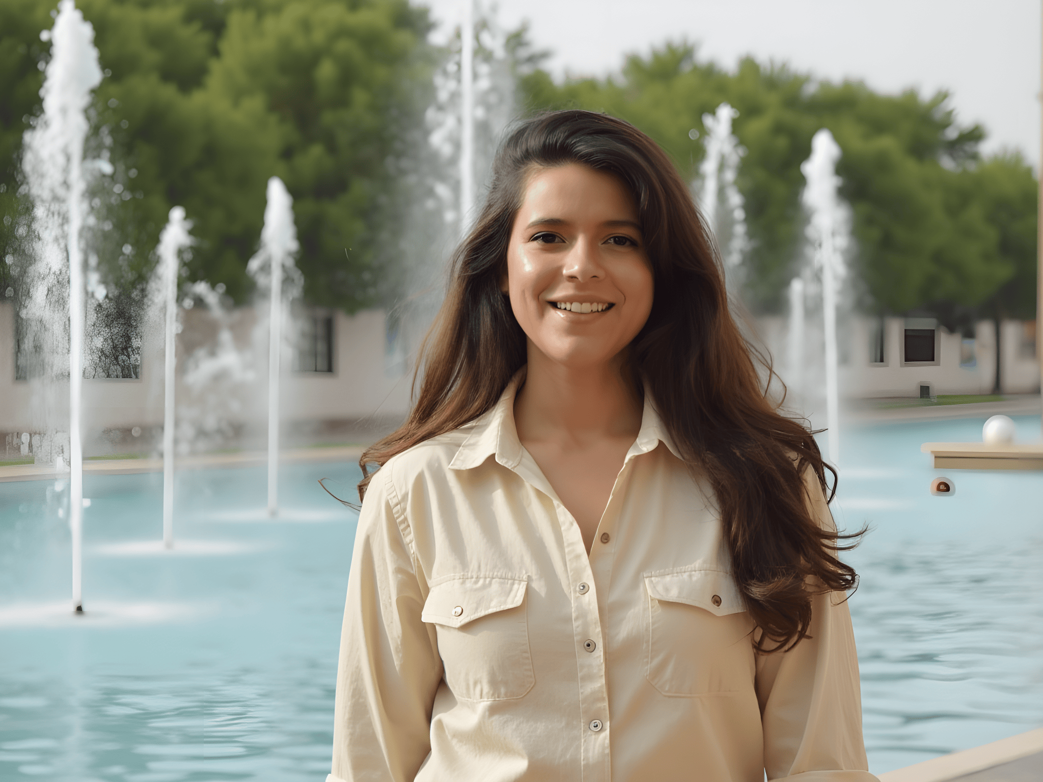 Smiling woman in a beige shirt standing by a fountain in a park setting.