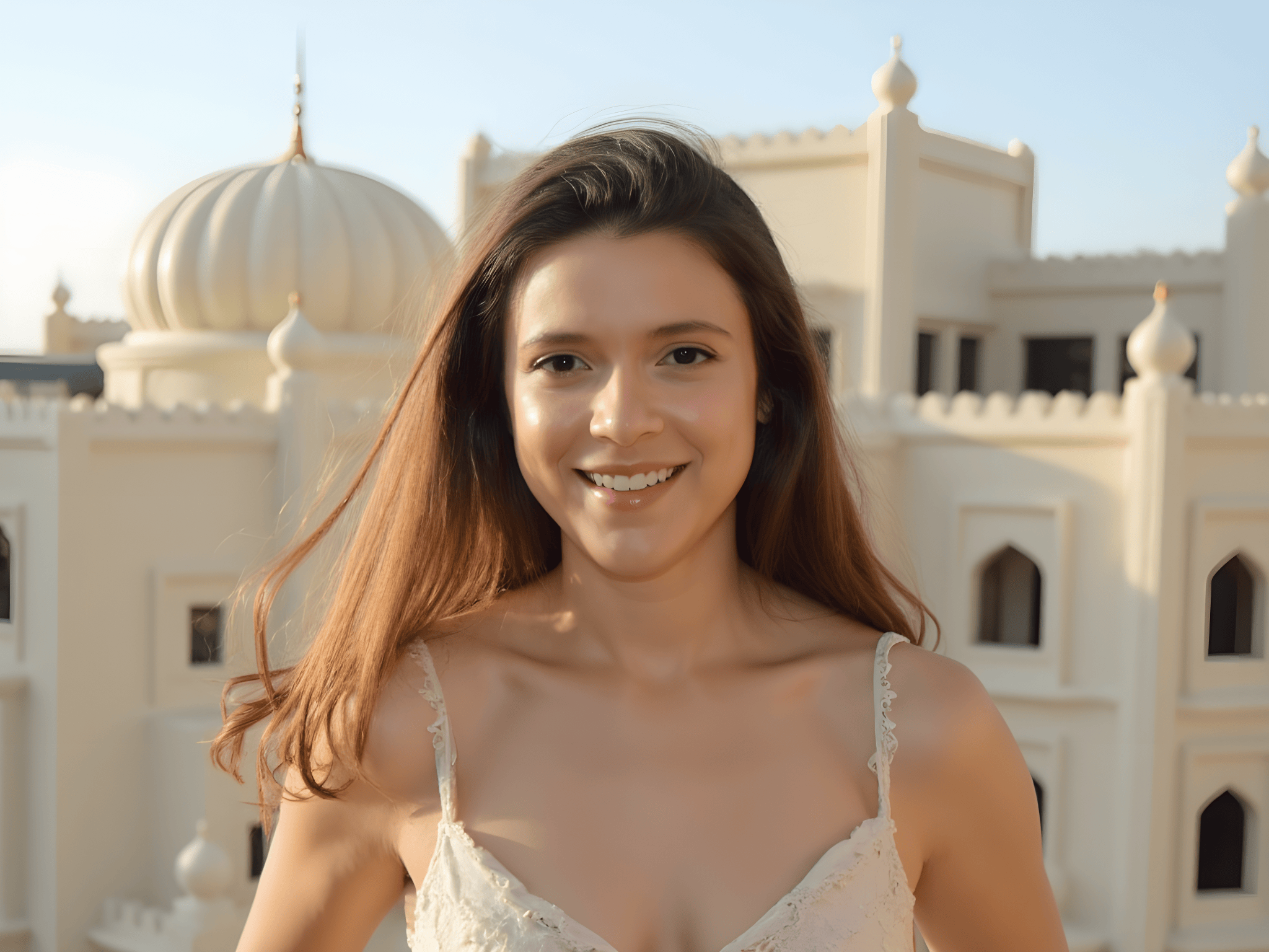Smiling young woman in a light dress with a decorative palace backdrop under a sunny sky.