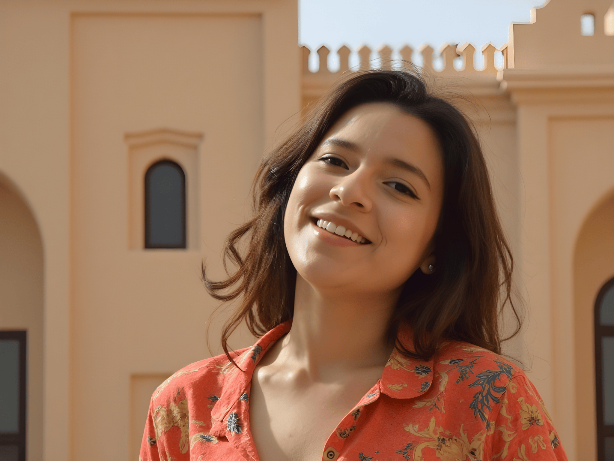Smiling young woman in a floral shirt standing in front of an architectural backdrop.