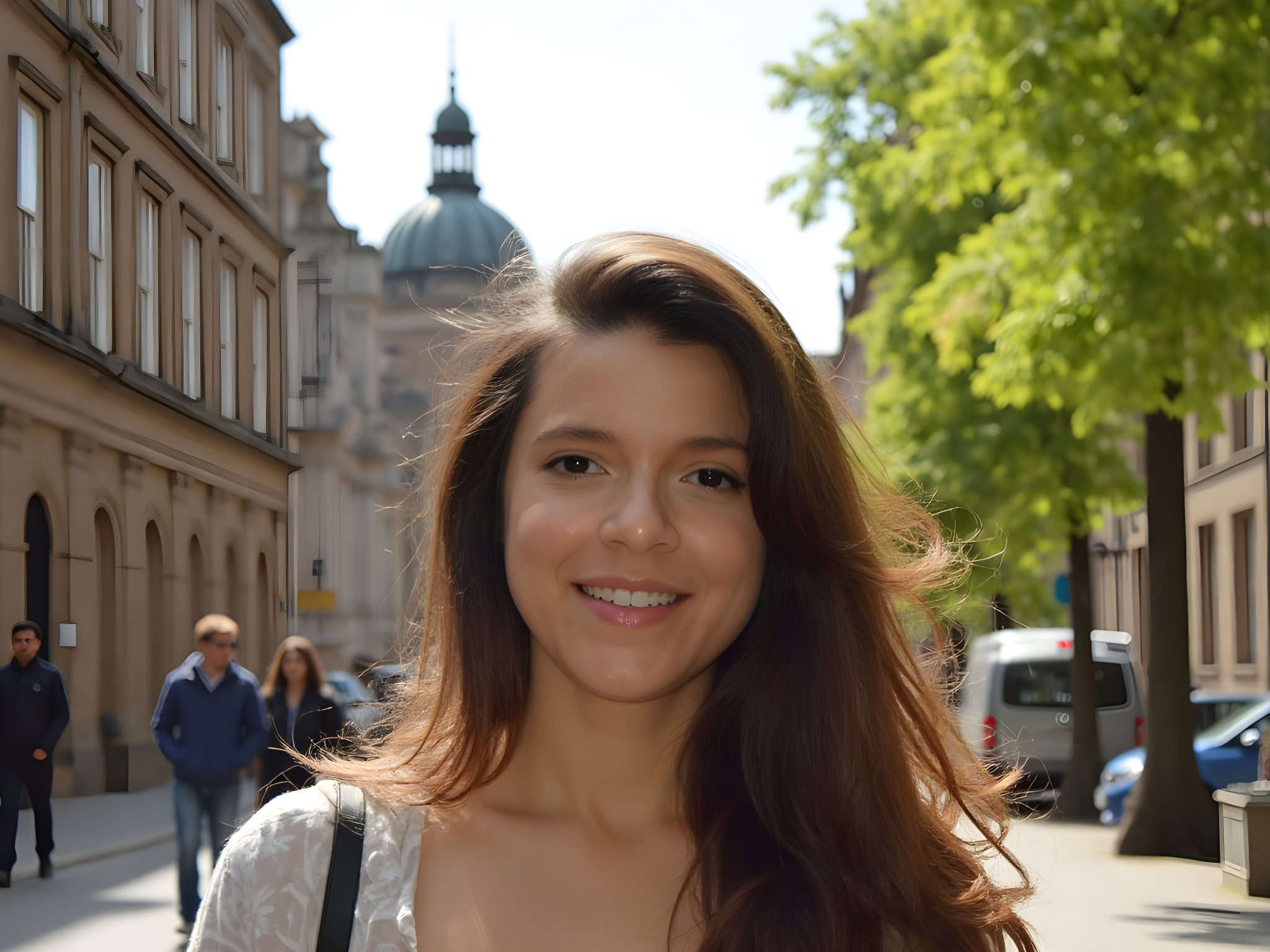 Smiling young woman in a sunlit urban street with historic architecture and greenery in the background.