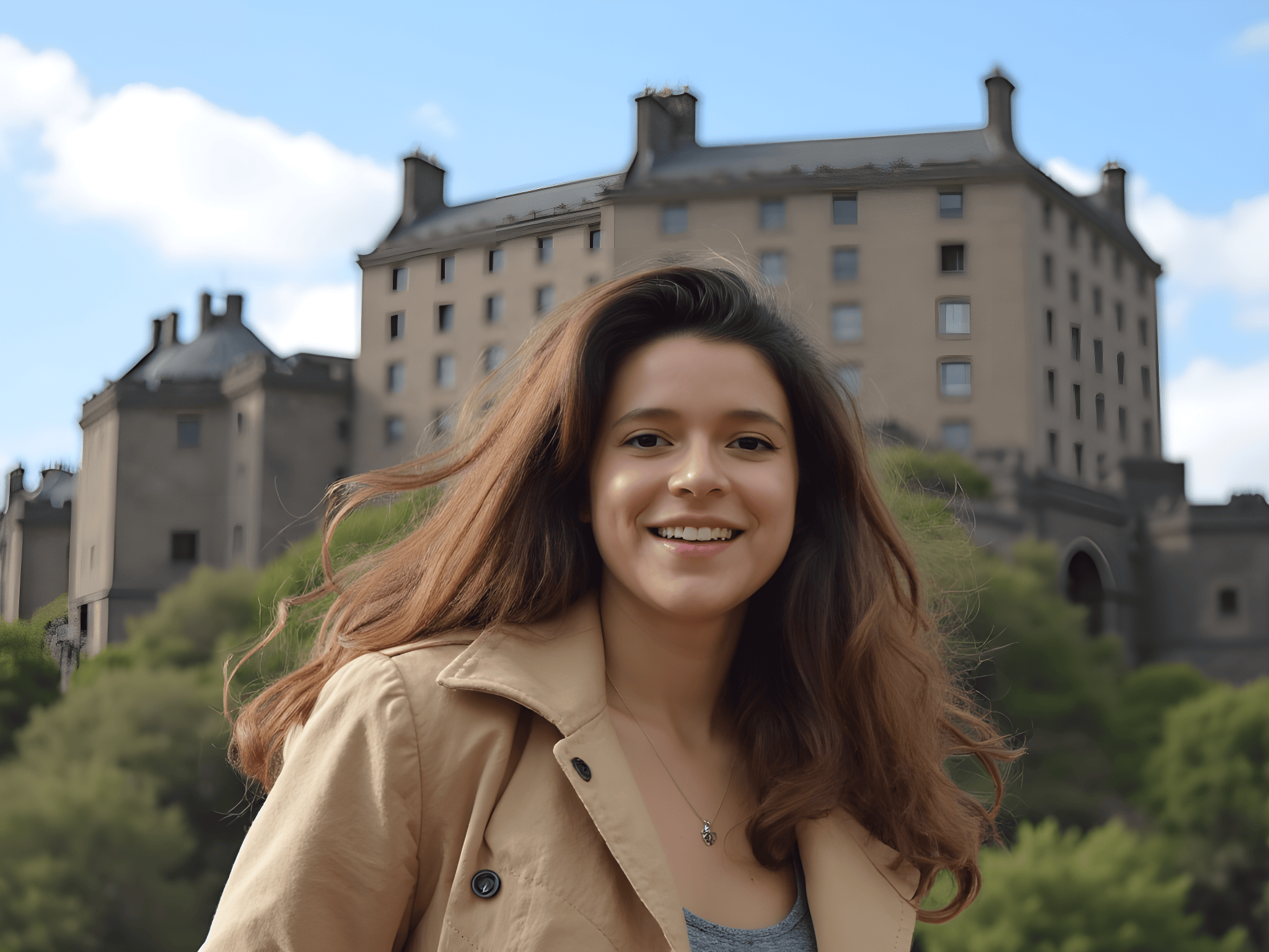 Smiling young woman in a beige jacket in front of a historic building against a blue sky.