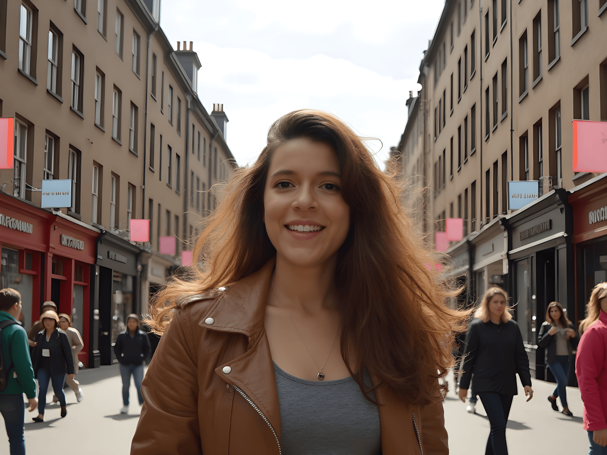 Smiling young woman in a trendy urban street lined with shops and pedestrians, showcasing city life and style.