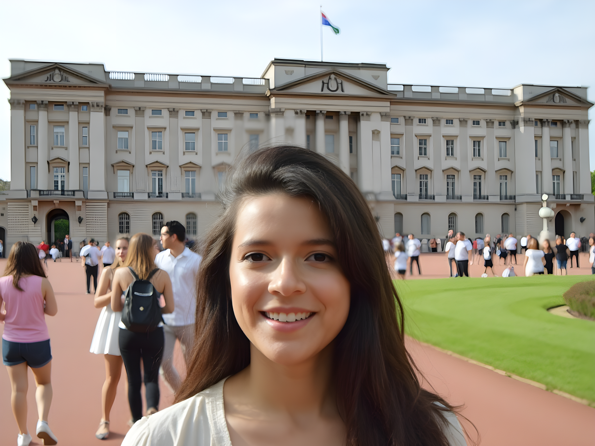 Smiling woman in front of a historic building with tourists in the background, showcasing a vibrant day at a popular attraction.