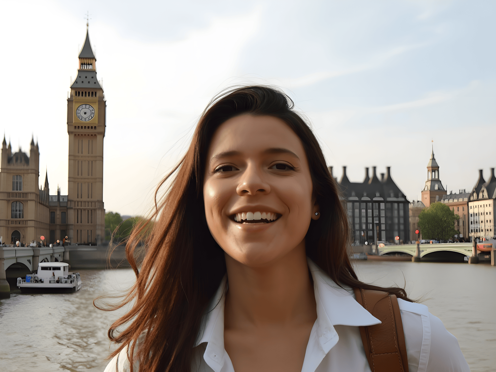 Smiling woman in front of Big Ben and the River Thames in London, showcasing iconic British landmarks.