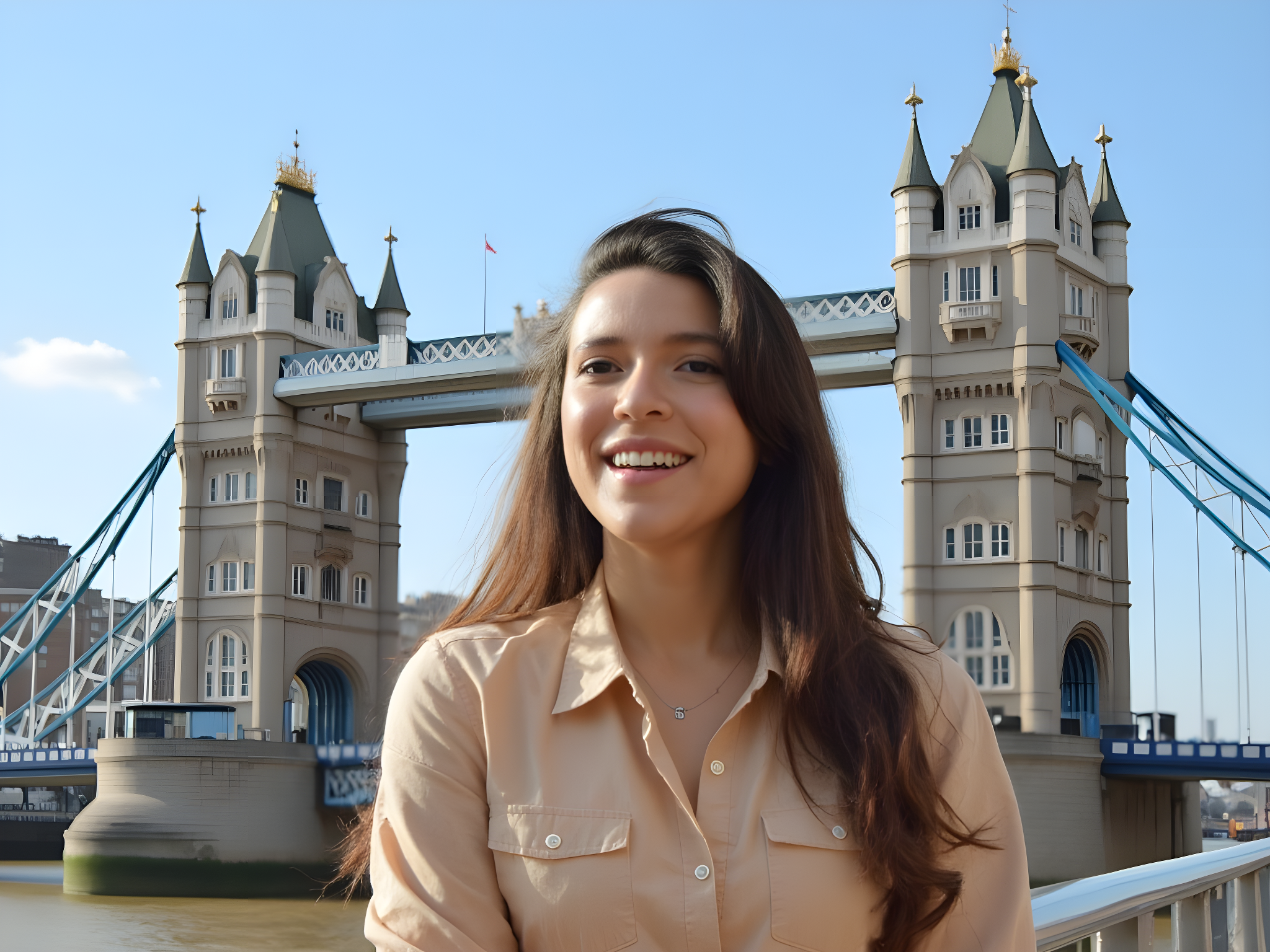 Smiling woman in a beige shirt in front of Tower Bridge in London on a sunny day.