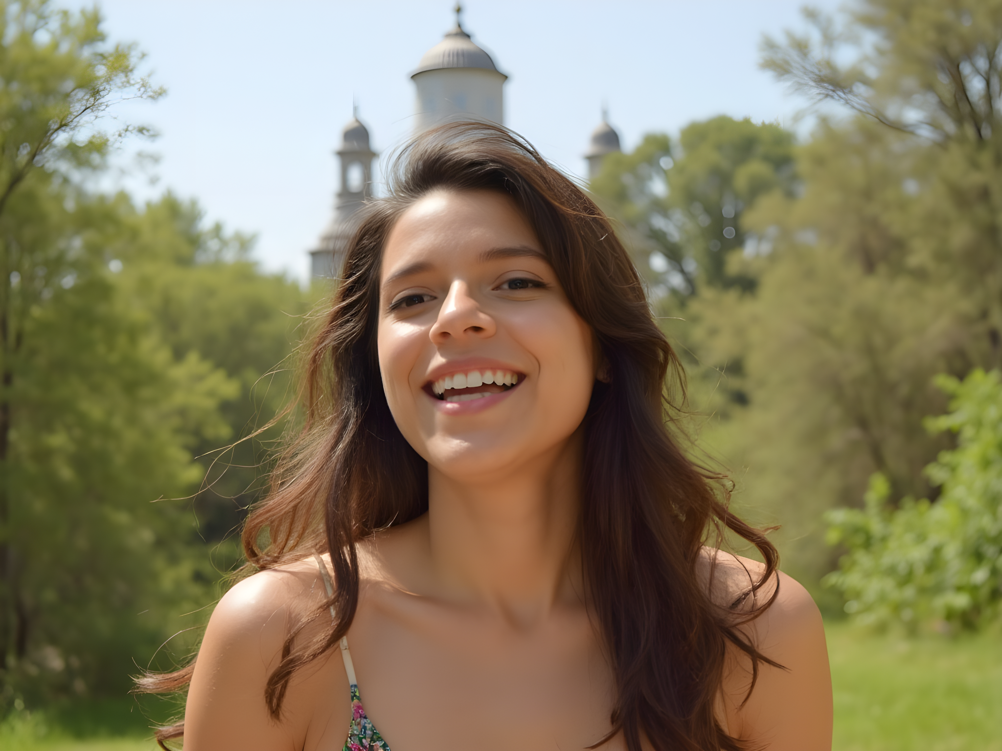 Happy young woman smiling outdoors with historical architecture in the background and lush greenery.