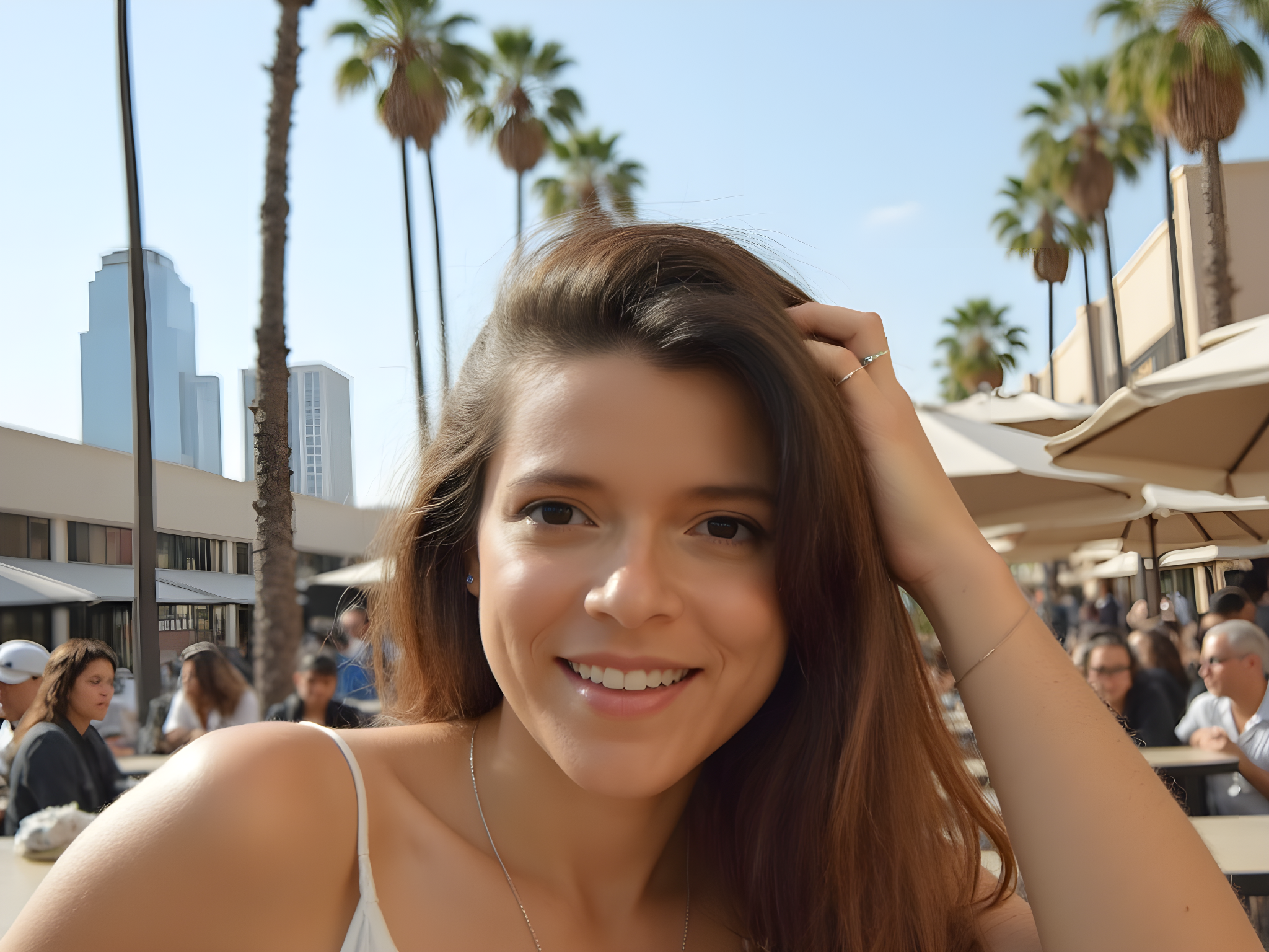 Smiling woman with long brown hair posing outdoors among palm trees and a lively crowd in an urban setting.