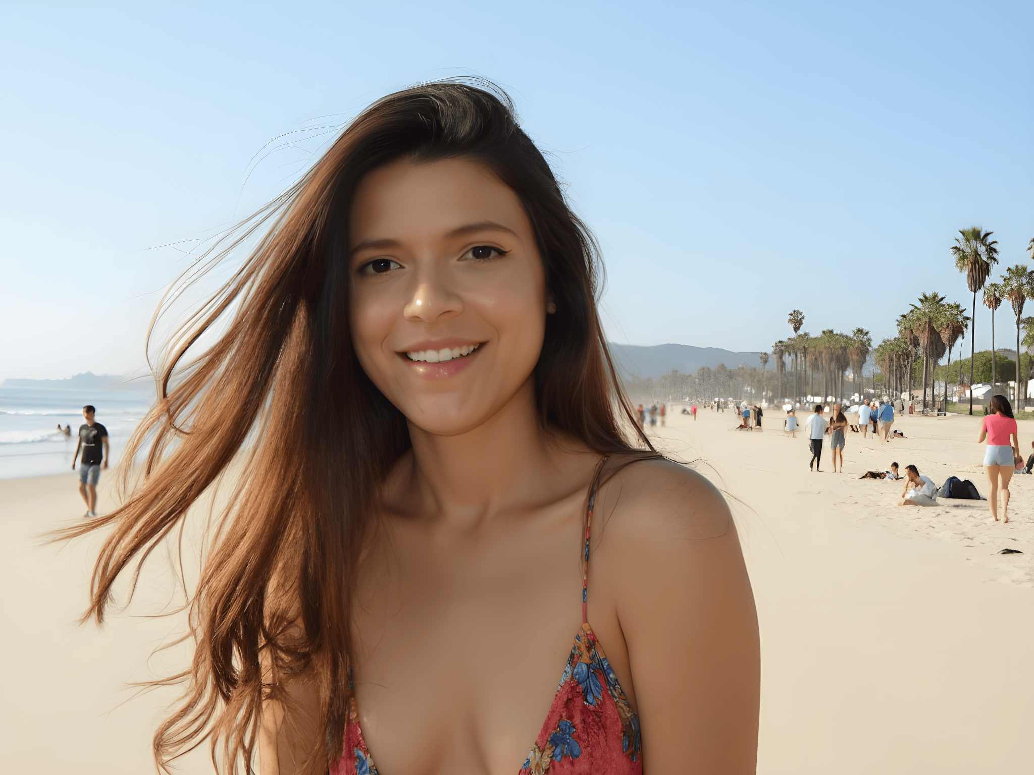Smiling young woman with long hair on a sunny beach with people walking and palm trees in the background.