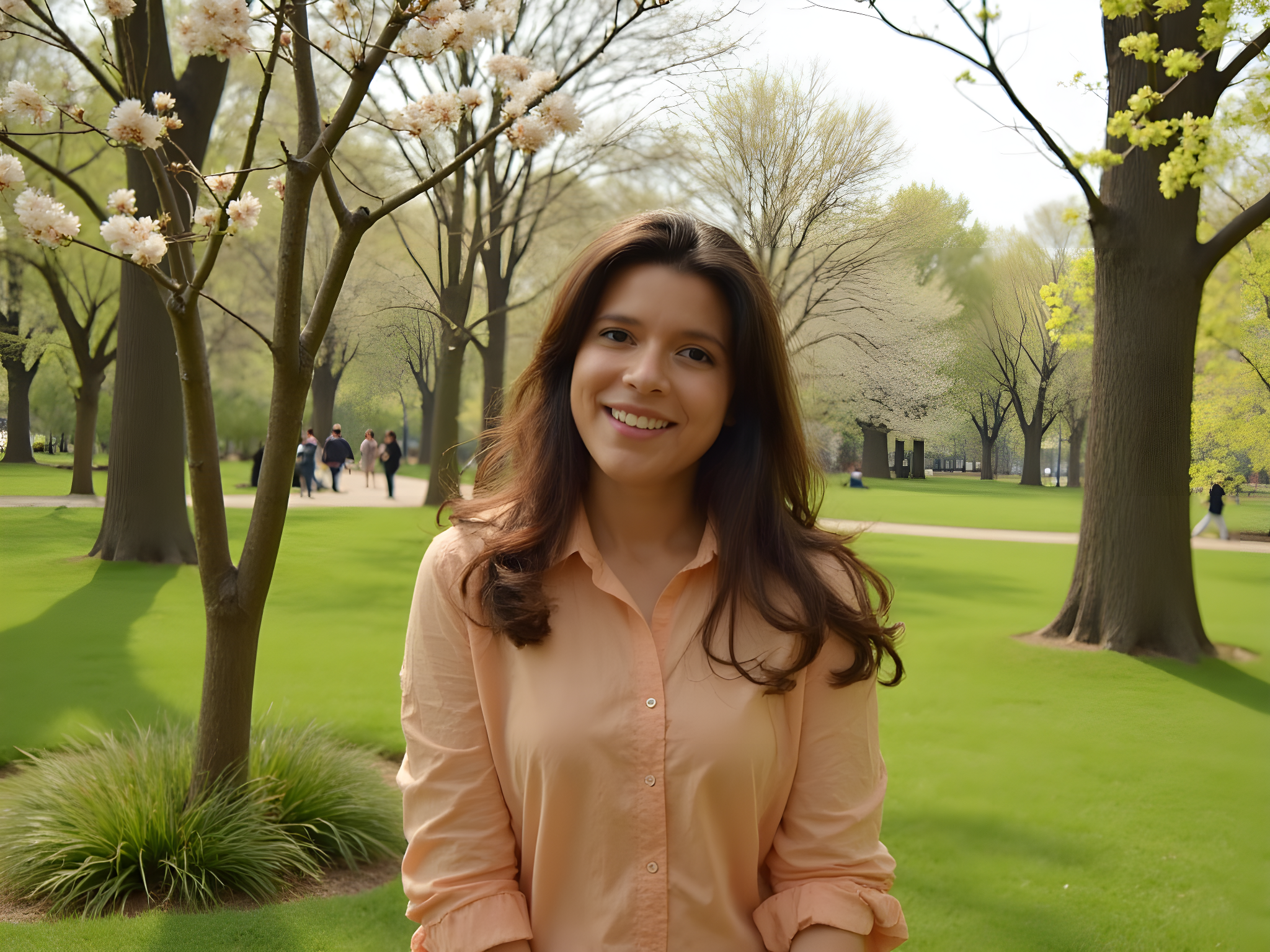 Smiling young woman in a peach shirt standing amidst blooming trees in a vibrant green park, with visitors strolling in the background.