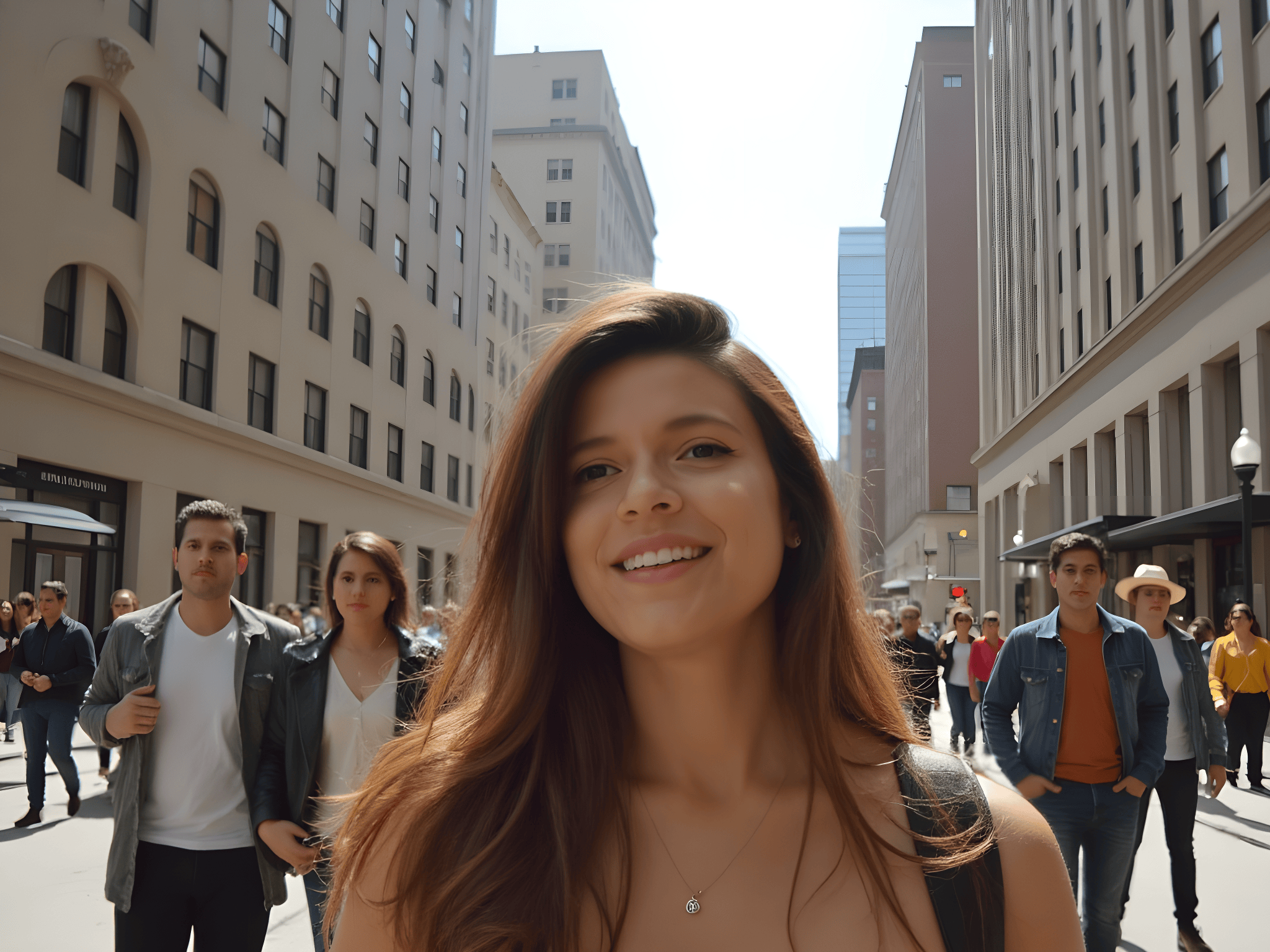 Smiling woman surrounded by a bustling city street with pedestrians and tall buildings on a sunny day.