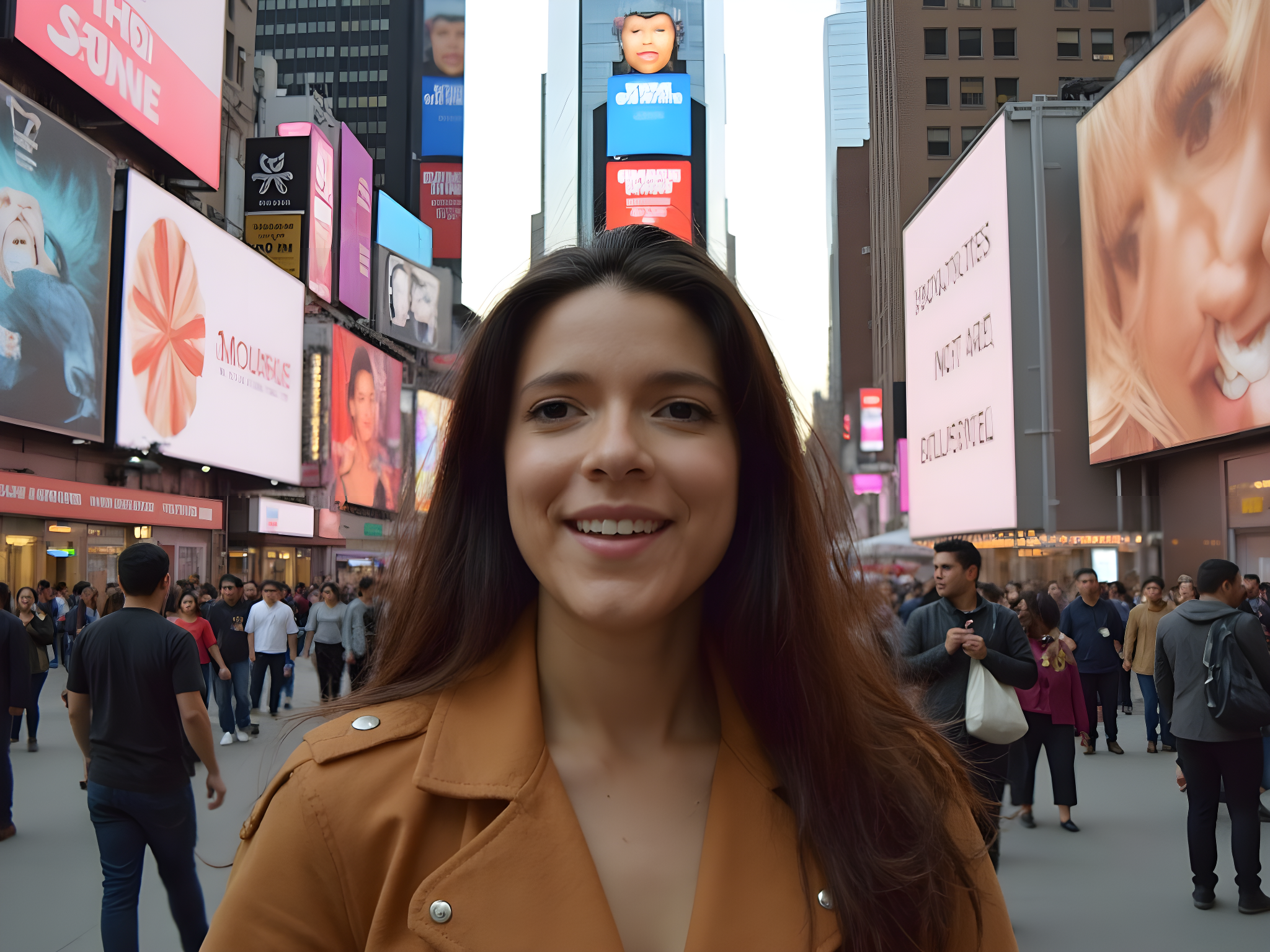 Smiling woman in a brown jacket at Times Square with vibrant billboards and a bustling crowd in the background.