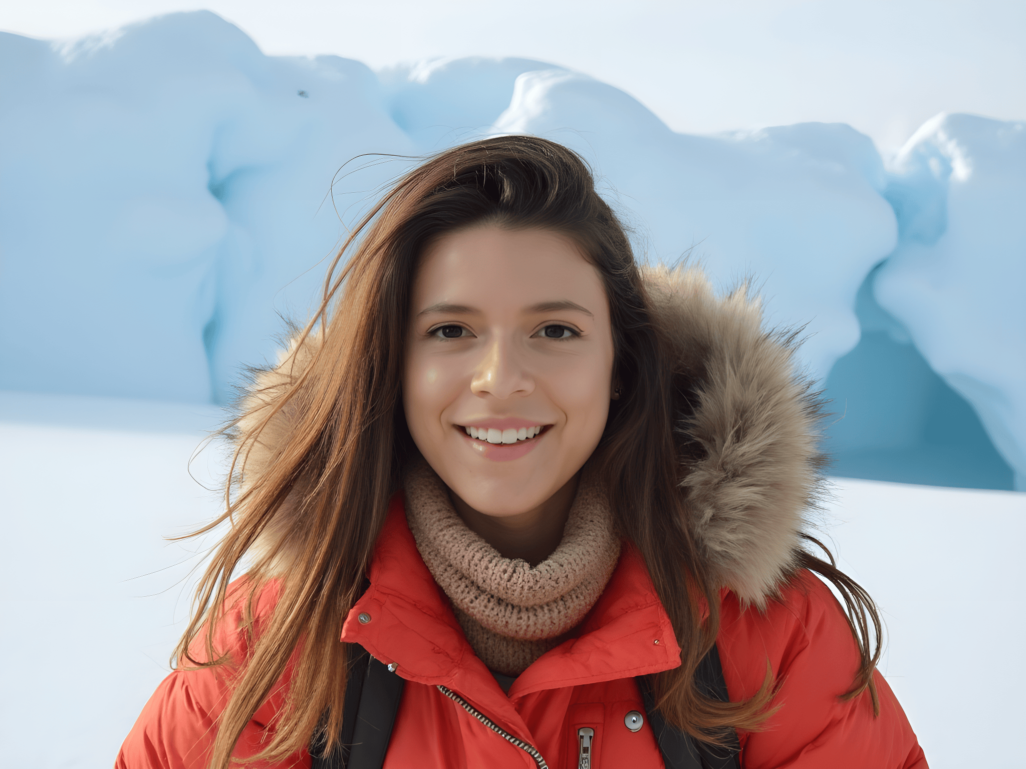 Smiling woman in a red winter jacket standing on icy terrain, with blue ice formations in the background.