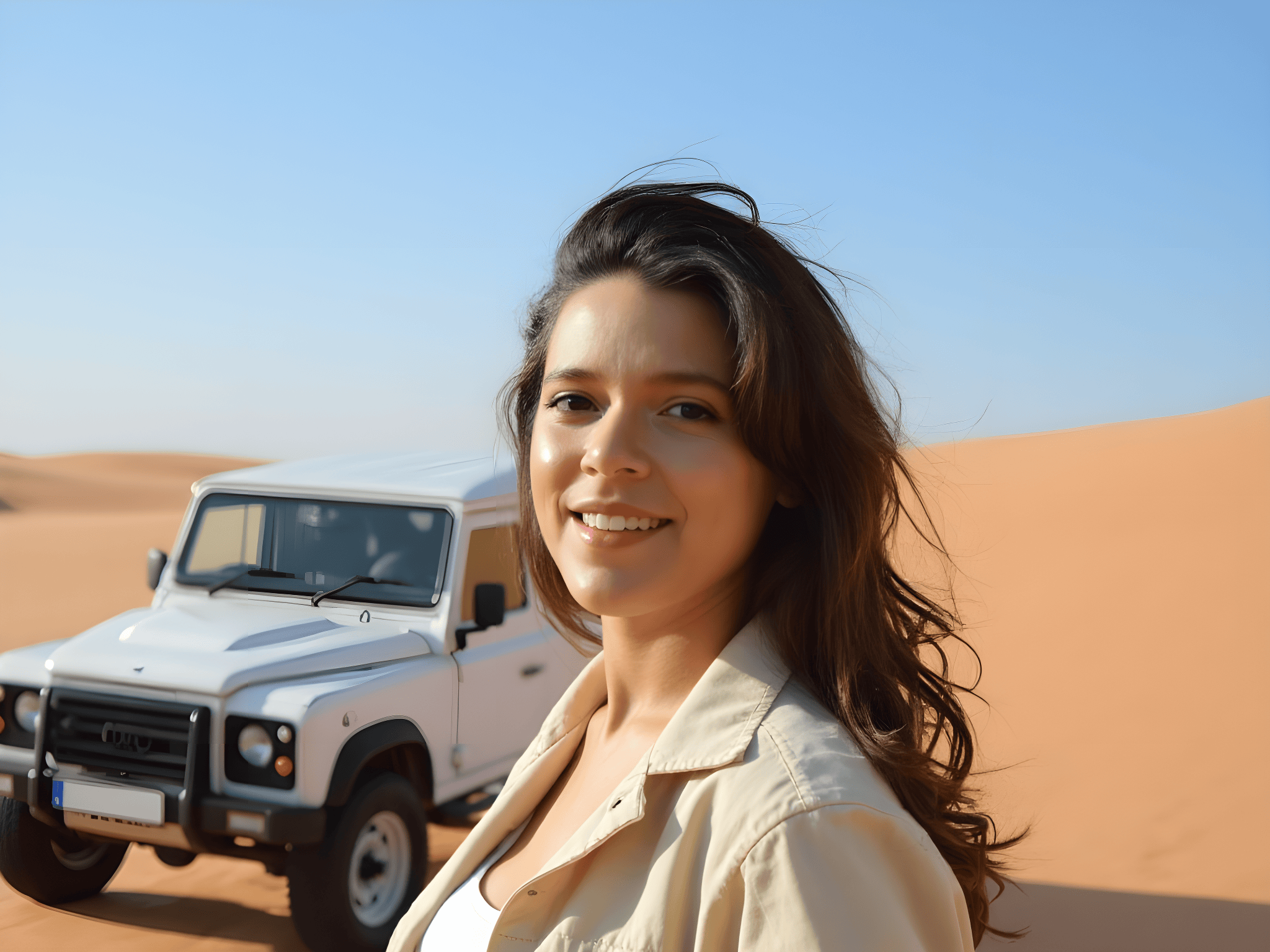 Smiling woman in desert landscape with off-road vehicle in background, showcasing adventure and exploration.