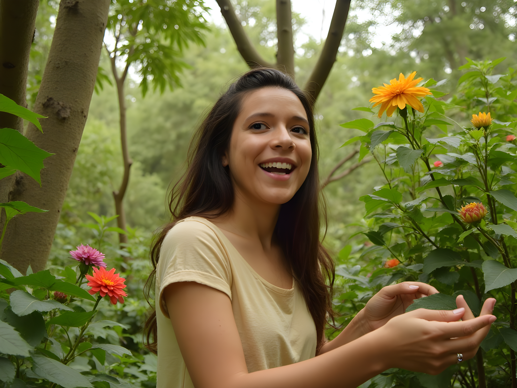 Cheerful woman smiling among vibrant flowers in a lush garden.