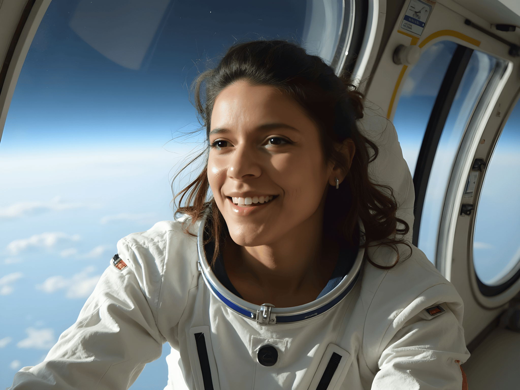 Smiling astronaut looking out of a spacecraft window at Earth and blue sky.