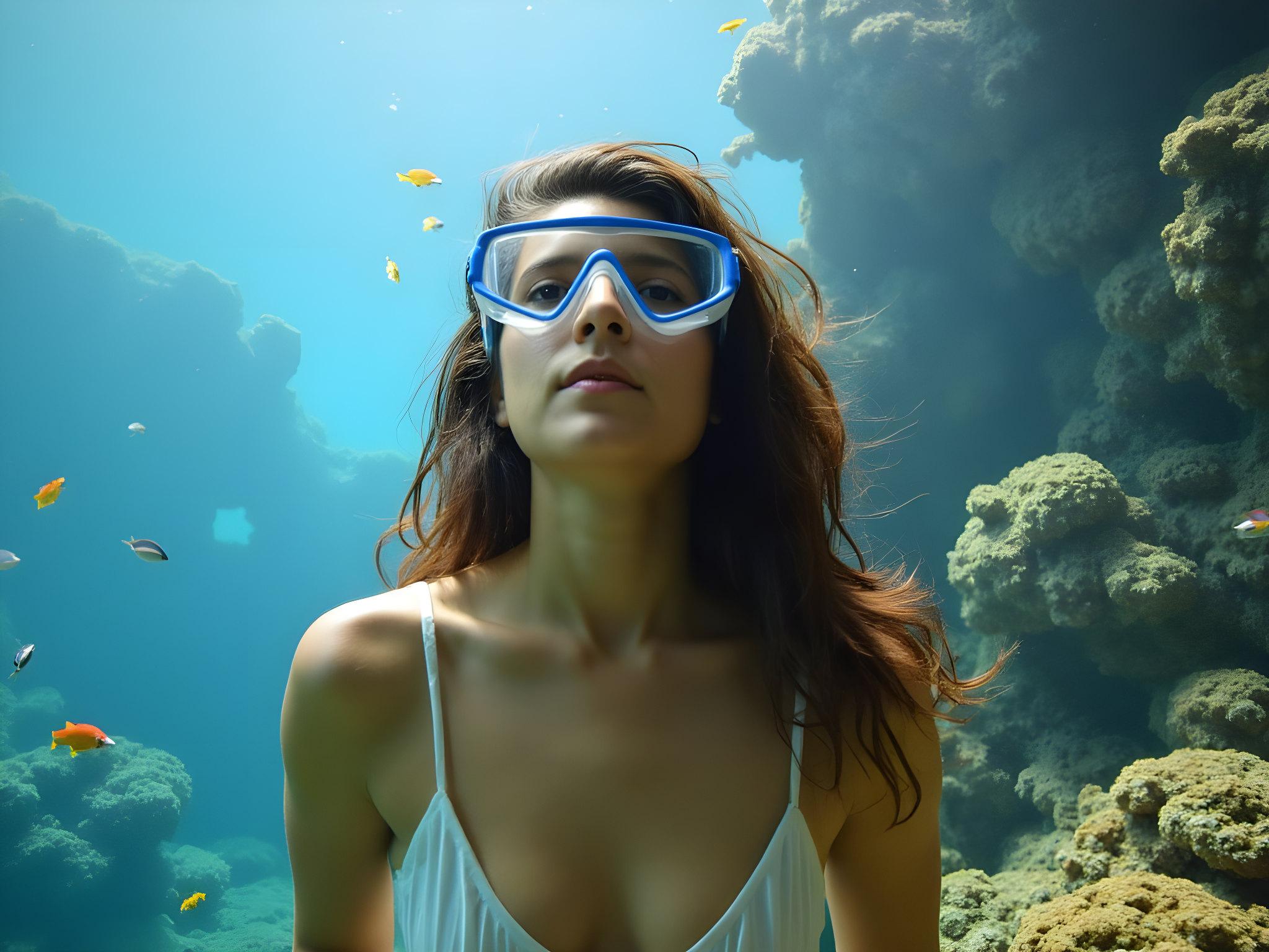 Young woman in snorkeling gear exploring underwater scenery surrounded by colorful fish and coral.