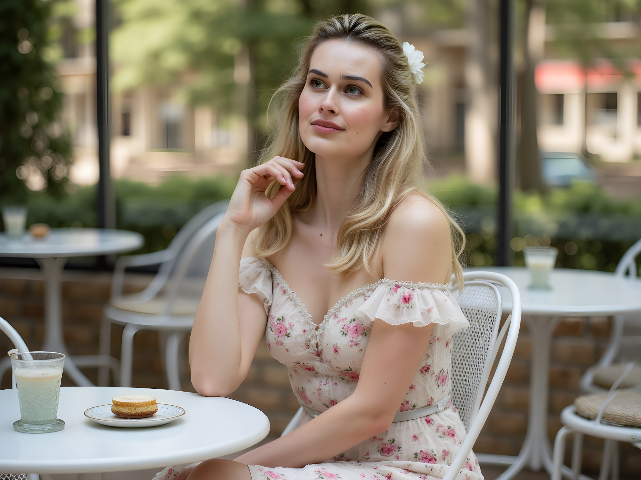 A captivating portrait of a 28-year-old woman, embodying effortless charm and contemporary femininity, seated in a quaint café garden. She dons a playful, off-shoulder floral midi dress crafted from lightweight chiffon, with puffed sleeves that evoke a sense of whimsy. Her hair cascades in loose waves, adorned with a single flower tucked behind her ear. She gazes thoughtfully into the distance, one hand gently cradling a delicate porcelain teacup and the other resting on her knee, exuding a relaxed yet sophisticated demeanor. The natural light filters through leafy canopies, creating dappled shadows that dance across her features. The surrounding atmosphere, filled with soft pastel tones and vintage décor, completes the romantic narrative, capturing the essence of a modern-day muse in a fleeting moment of tranquility.