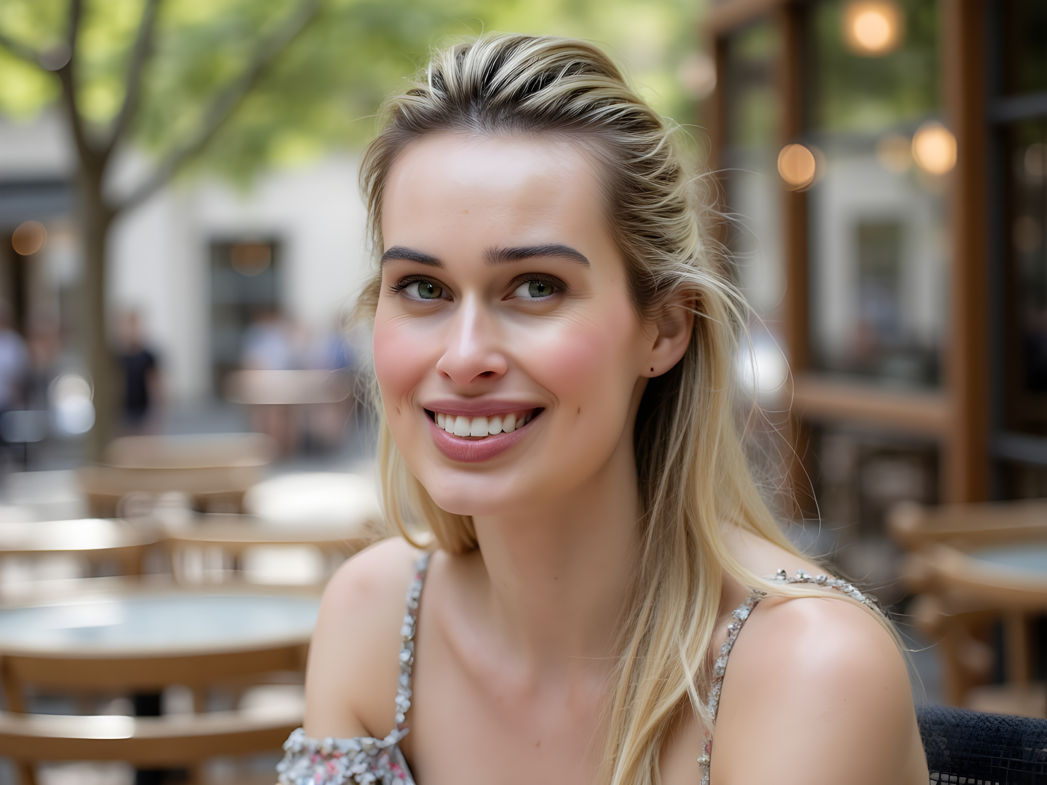A vibrant portrait of a female individual, OD62S, aged 28, embodying a joyful spirit with a bright smile. She is captured sitting on a chic café patio, wearing a stylish off-the-shoulder floral dress in soft pastels, perfectly complementing her radiant complexion. Sunlight filters through the leaves above, creating dappled light patterns on her face. Her hair flows in soft waves around her shoulders, and she sports delicate gold hoop earrings. The ambiance reflects a casual yet fashionable approach to life, resonating with a happy mood and evoking a feeling of warmth and contentment. The composition is lively, centered on her joyful expression, with a shallow depth of field that gently blurs the bustling café around her.