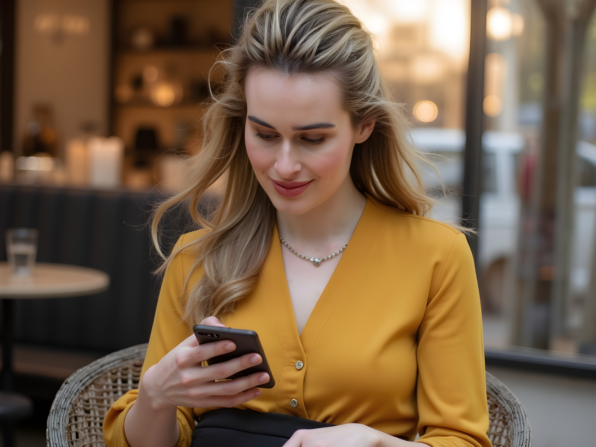 A captivating female subject, aged 28, exuding playful confidence as she engages in the digital world of Tinder. She is seated casually in a chic café, wearing a fitted mustard yellow silk blouse paired with high-waisted tailored black trousers, emphasizing her curves while projecting a stylish yet approachable vibe. Her hair is styled in soft waves, cascading over one shoulder, while her makeup is fresh and natural, with a pop of coral lipstick that complements her warm skin tone. She holds her smartphone at a flattering angle, a subtle smile dancing on her lips as if sharing a private joke with the viewer. The ambiance is warm and inviting, with golden hour light filtering through the window, creating soft shadows that delicately frame her face. The composition centers on her, drawing viewers into her world while the blurred background hints at the café's lively atmosphere, adding to the narrative of connection and modern romance.