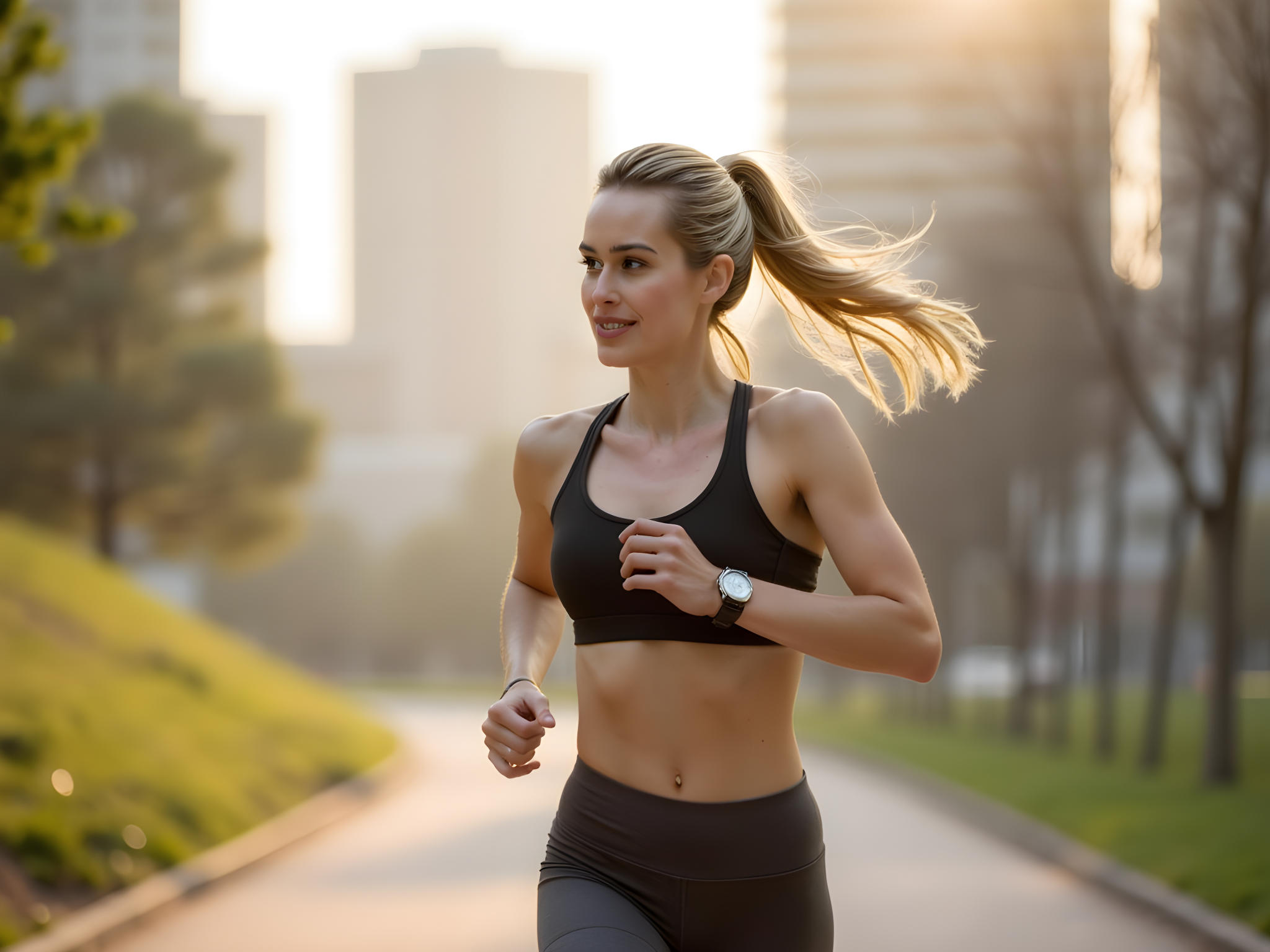 A dynamic action shot featuring a female athlete, aged 28, embodying the power of modern fitness. She is captured mid-stride on a sunlit urban running trail, her athletic form clad in a sleek, black high-performance sports bra and matching leggings in deep charcoal with reflective accents. Her hair is pulled back in a fierce ponytail, showcasing her strong jawline and focused expression. The background reveals a vibrant cityscape, with streaks of sunlight streaming through. The composition utilizes an off-center framing to emphasize her movement and the sense of speed, while soft bokeh highlights the surrounding greenery, creating a harmonious blend of the urban and natural elements. This image exudes energy, determination, and the exhilarating spirit of a fit lifestyle.
