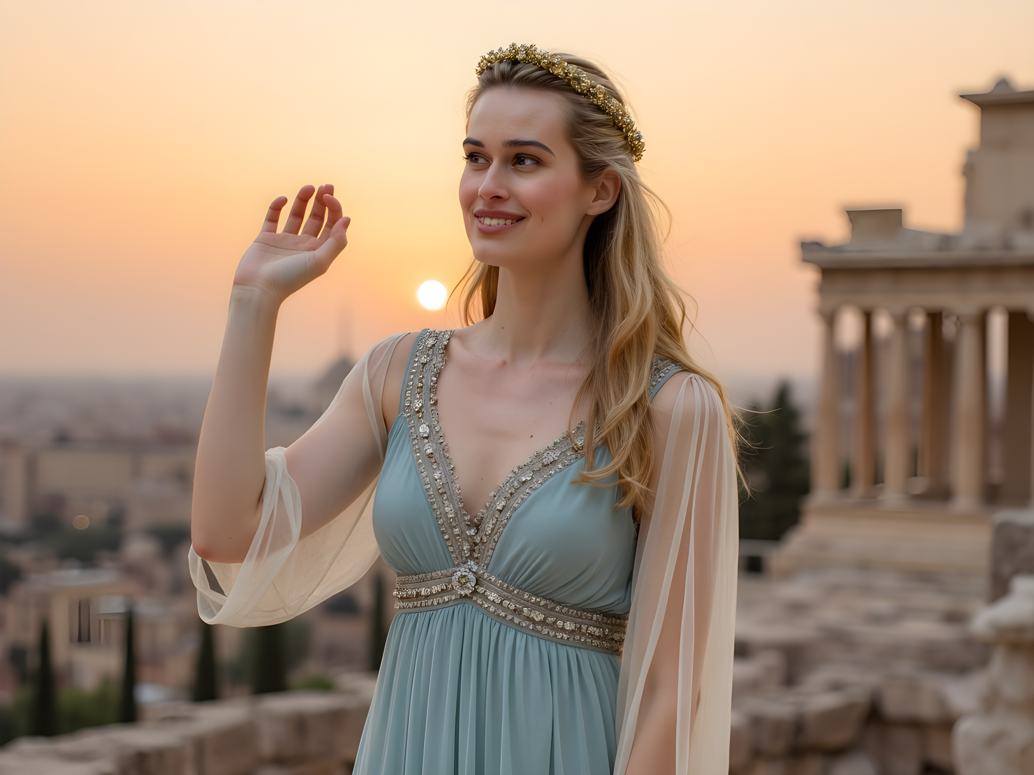 A striking female figure, aged 28, embodying the spirit of ancient Greece while standing majestically against the backdrop of the Acropolis. She is adorned in a flowing, ethereal gown made of layered chiffon, its soft hues reminiscent of the Aegean Sea — delicate shades of azure and ivory that dance in the Mediterranean breeze. The dress features intricate hand-embroidered motifs, echoing ancient Greek patterns, with a plunging neckline and flowing cape that billows like wings.

Her hair is styled in loose, cascading waves, adorned with a delicate gold laurel crown, symbolizing wisdom and victory. The pose embodies grace, with one arm elegantly raised as if reaching for the heavens, and the other resting gently on her hip, projecting a sense of regal authority. The late afternoon sun casts a warm, golden glow, illuminating her features and the ancient marble structures, creating a chiaroscuro effect that enhances the texture of both the fabric and the stone.

This composition emphasizes the harmonious relationship between the model and her historical surroundings, evoking feelings of awe and reverence, as if time has transcended. This image captures a timeless elegance, merging the present with the glory of classical antiquity.