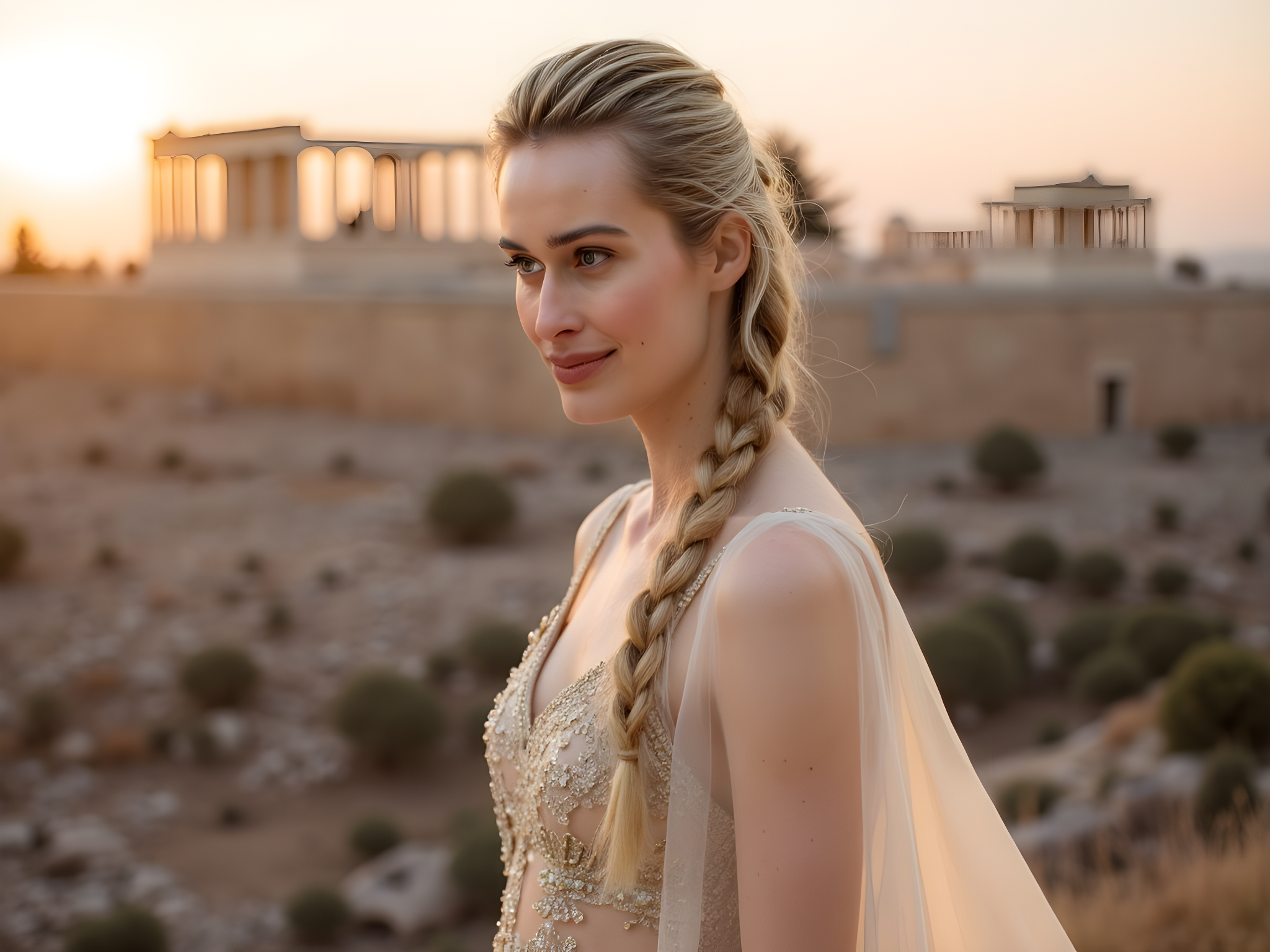 A striking 28-year-old woman, embodying the spirit of ancient Athens, stands poised atop the Acropolis. She wears a flowing, ivory chiffon gown that billows gently in the Mediterranean breeze, its ethereal layers evoking the drapery of classical Greek goddess attire. The gown features intricate gold embroidery along the neckline and hem, reminiscent of ancient Greek motifs, and an elegant train that trails like a river of silk behind her. Her hair is elegantly braided, adorned with delicate olive branches that enhance her connection to the historic setting.

With the Parthenon as her backdrop, the golden light of the setting sun casts a warm glow, creating a chiaroscuro effect that highlights her strong features and the graceful lines of her silhouette. The positioning follows the golden ratio, ensuring her form is harmoniously framed within the iconic architectural elements. Her gaze is distant and contemplative, capturing the wisdom and strength of Athena herself. This image relays not just beauty but the essence of timelessness, bridging the past and present in an arena that has stood for centuries.

The emotional resonance conveys a sense of empowerment and introspection, inviting the viewer to ponder their connection to history and femininity.
