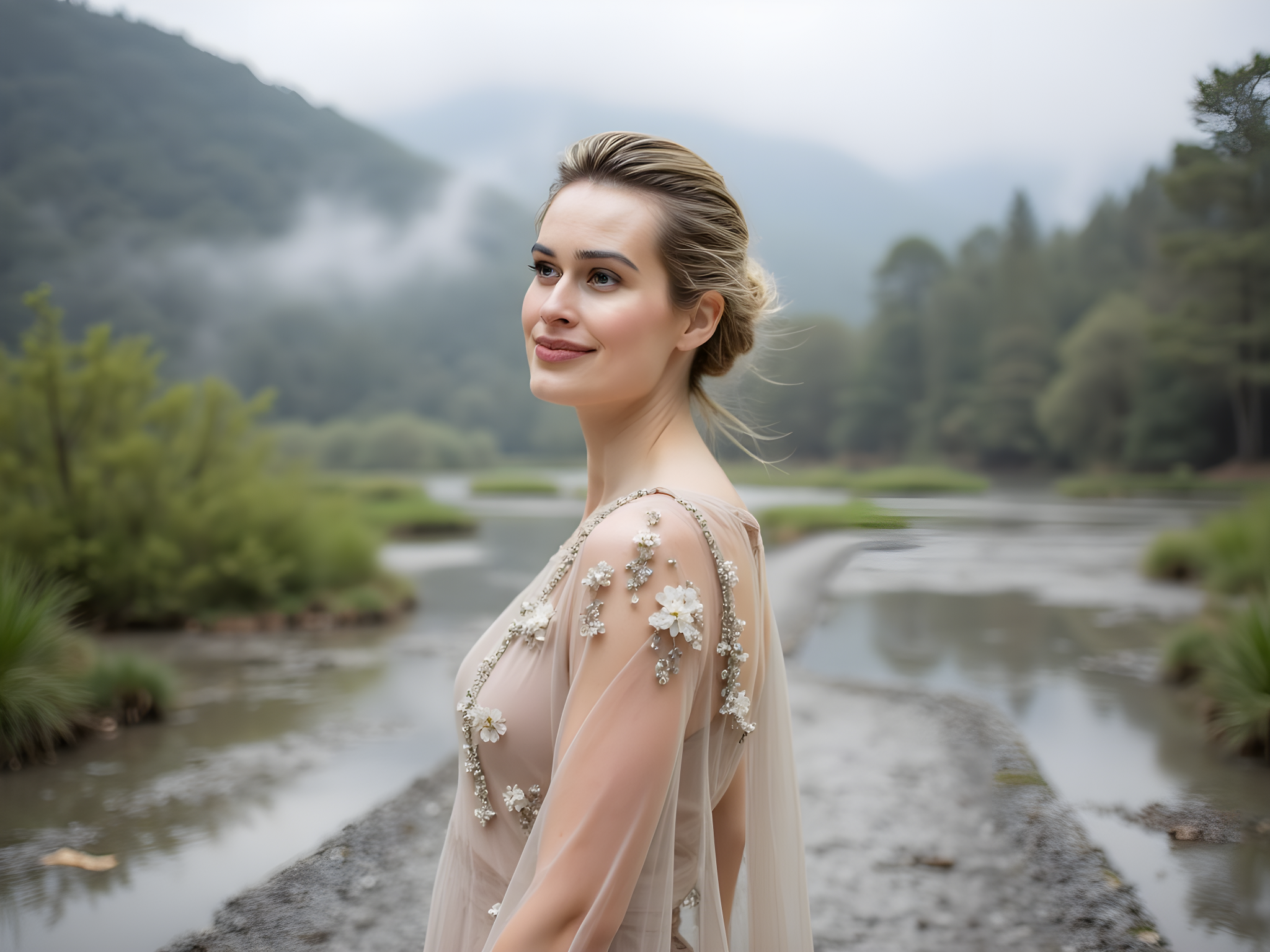 A captivating 28-year-old woman, epitomizing serene elegance, dressed in a flowing kimono-inspired gown made of whisper-soft chiffon in muted earth tones reminiscent of a misty Hakone morning. The gown features delicate cherry blossom embroidery cascading down the sleeves, which flutter gently as if caught in a soft breeze. Her hair is styled in a traditional updo with a modern twist, adorned with subtle floral hairpins that echo the colors of her dress.

She stands gracefully on a pebble pathway, surrounded by lush greenery and gently rippling water, as wisps of fog create an ethereal atmosphere. The composition embraces the harmony of nature, with shrouded mountains in the background echoing the tranquil beauty of Japan. The soft, diffused lighting highlights her face with a gentle glow, suggesting a moment of introspection and connection to the breathtaking scenery. This image captures the essence of serenity and cultural richness, evoking the timeless beauty of the Hakone region.

---