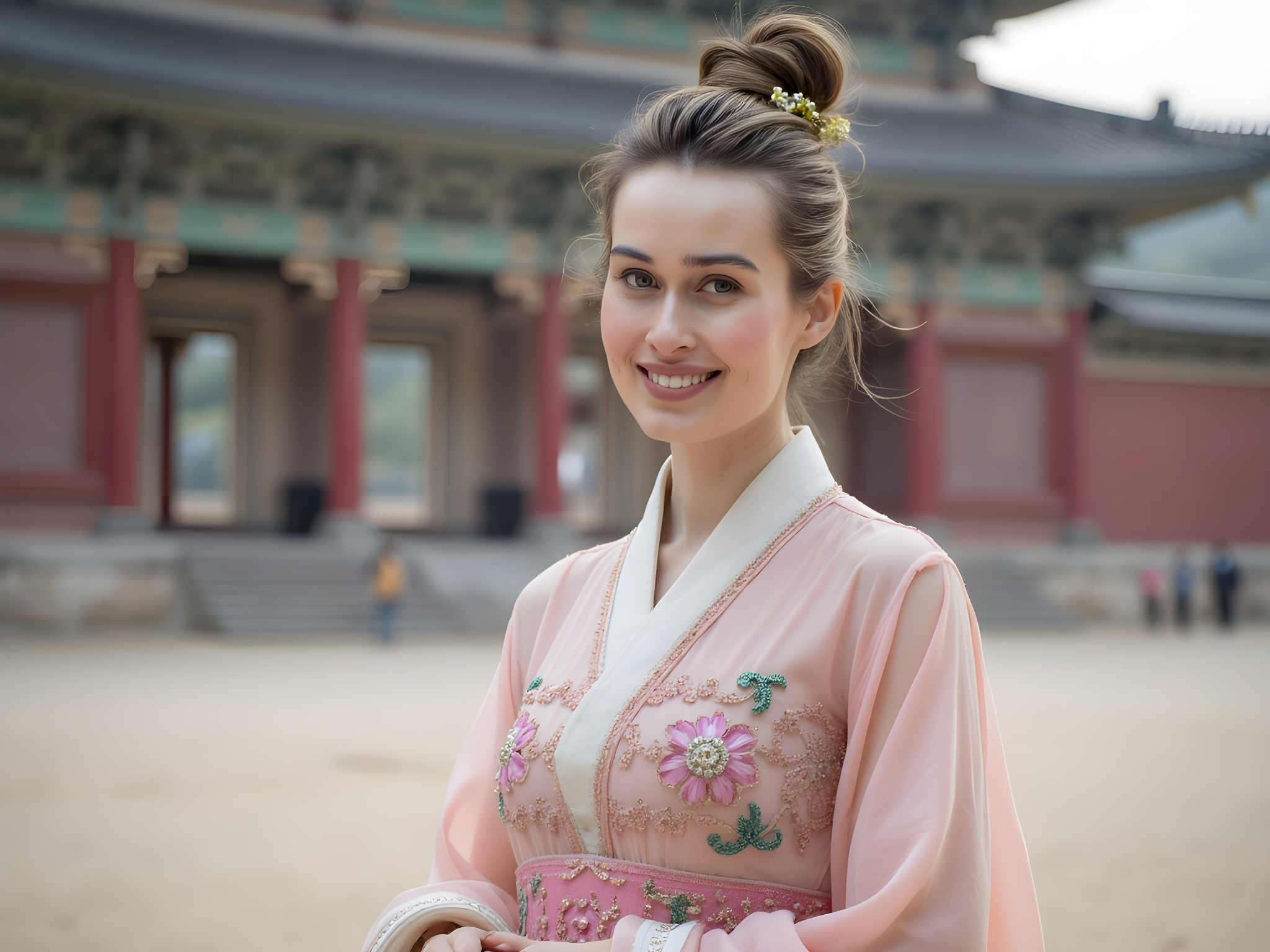 A captivating scene featuring a female figure, aged 28, embodying the elegance and grace of a modern-day royal. She stands in front of the iconic Gyeongbokgung Palace, draped in a traditional hanbok that beautifully juxtaposes contemporary design with cultural heritage. The gown is crafted from delicate silk in shades of jade and cherry blossom pink, with intricate, hand-painted floral motifs adorning the bodice and flowing sleeves. The skirt, full and billowing, features a train that cascades behind her, capturing the spirit of a regal empress.

Her elegant posture reveals the elegance of traditional Korean aesthetics, with her arms gracefully resting at her sides, fingers adorned with delicate gold rings. Her hair is styled in an intricate bun adorned with golden hairpins and a subtle floral piece, framing her face softly. The backdrop showcases the grandeur of the palace, with its historic architecture accentuated by the soft afternoon light, creating an ethereal glow around her. The composition incorporates elements of negative space that highlight the subject and the beauty of her surroundings, making it a breathtaking portrayal worthy of a high-end fashion spread that gracefully connects modernity with tradition.