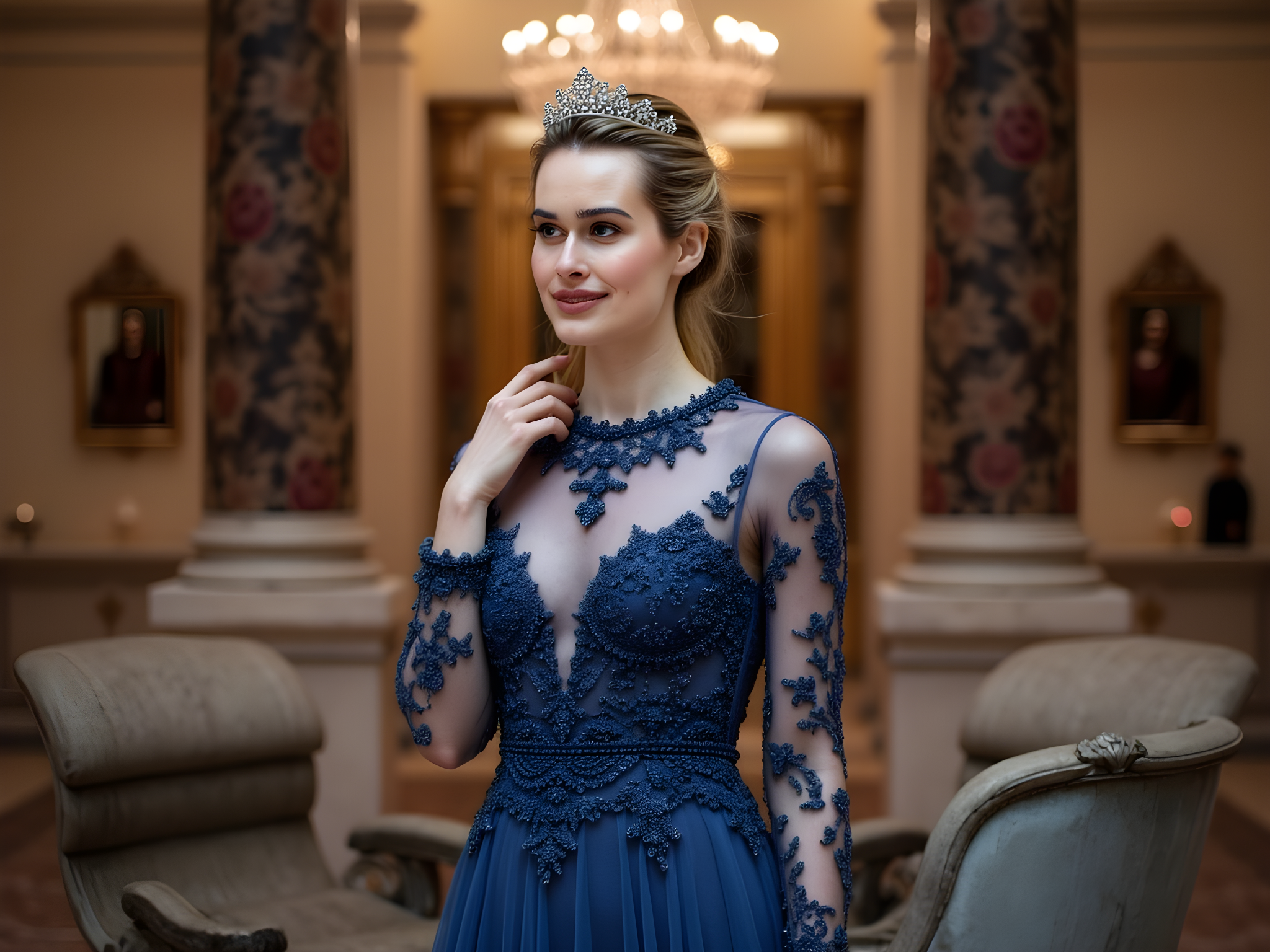 A regal portrait of a 28-year-old woman embodying the essence of royalty, elegantly poised in a magnificent royal palace. She is adorned in a breathtaking hand-embroidered gown of deep sapphire blue silk chiffon, flowing gracefully around her in intricate layers that cascade like waves. The gown features delicate lace illusion sleeves and a high neck, accentuating her aristocratic silhouette while enhancing her ethereal allure. The model's hair is styled in an impeccable updo, accented with a sparkling tiara that radiates opulence.

The palace's opulent interior surrounds her, with grand chandeliers casting warm, inviting light, and rich tapestries lining the walls behind her, evoking a sense of history and grandeur. A vintage chaise lounge serves as a backdrop, its plush upholstery adding richness to the scene. The composition captures both the strength and vulnerability of a queen, with her head held high and an enigmatic smile gracing her lips, captivating the viewer and inviting intrigue into her royal narrative.