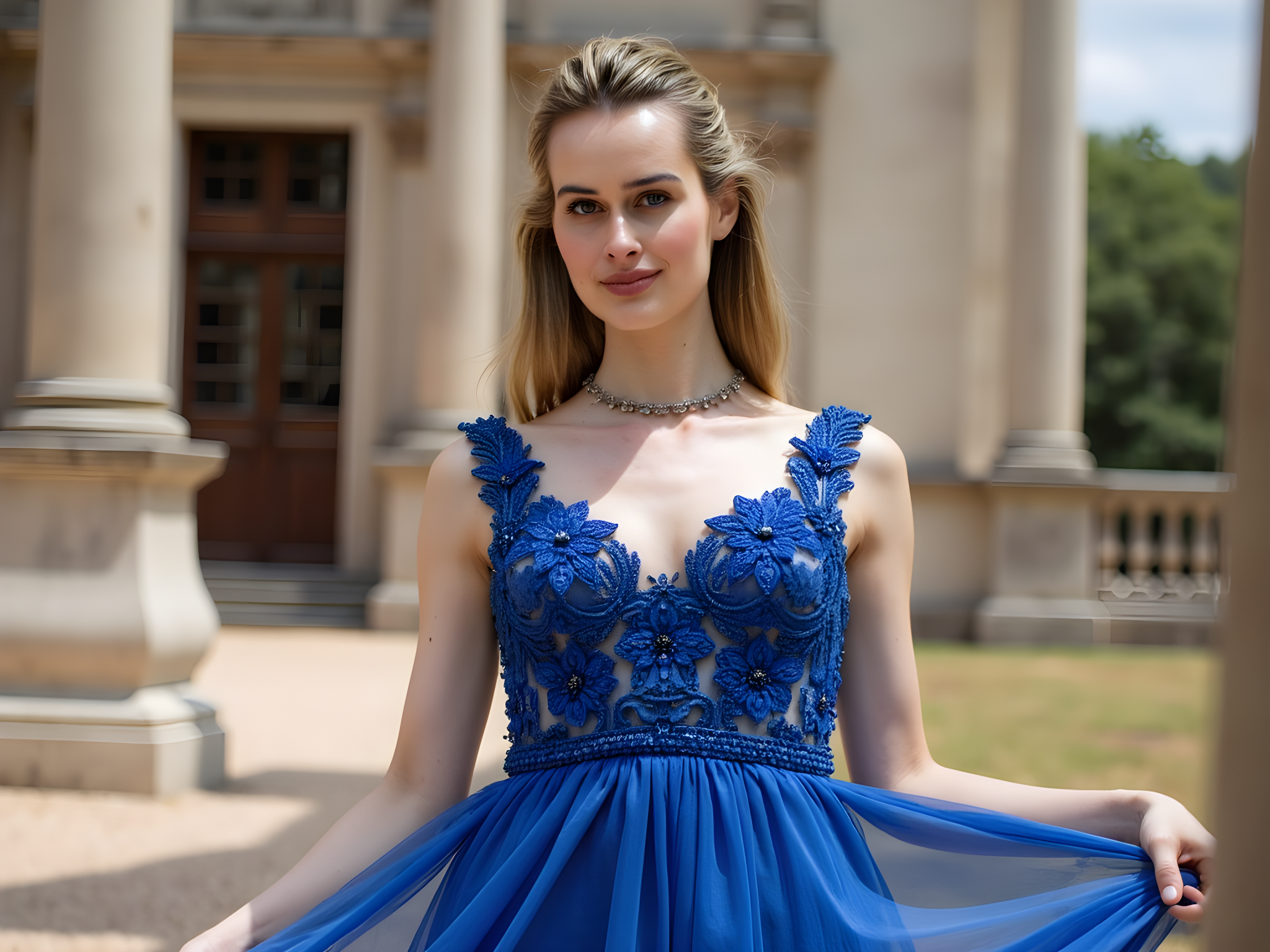 A radiant female figure, aged 28, embodies the essence of opulence against the grand backdrop of a historic palace. Draped in a cascading gown of silk chiffon in a regal shade of royal blue, the dress features intricate hand-embroidered florals and a sweeping train that mimics the majesty of the palace's architecture. Her hair, adorned with delicate crystal hairpins, cascades down her back in soft waves, framing a face that exudes poise and confidence. The pose is dynamic yet graceful, one arm raised slightly as if inviting the viewer into her world, the light catching the shimmer of her gown and creating a playful interplay of shadows around her. The atmosphere is rich with history, echoing a sense of timeless elegance as sunlight filters through the ornate windows, enhancing the opulence of the scene. This image encapsulates not just fashion but a narrative of royal heritage and modern femininity, perfect for the pages of a fashion tome.