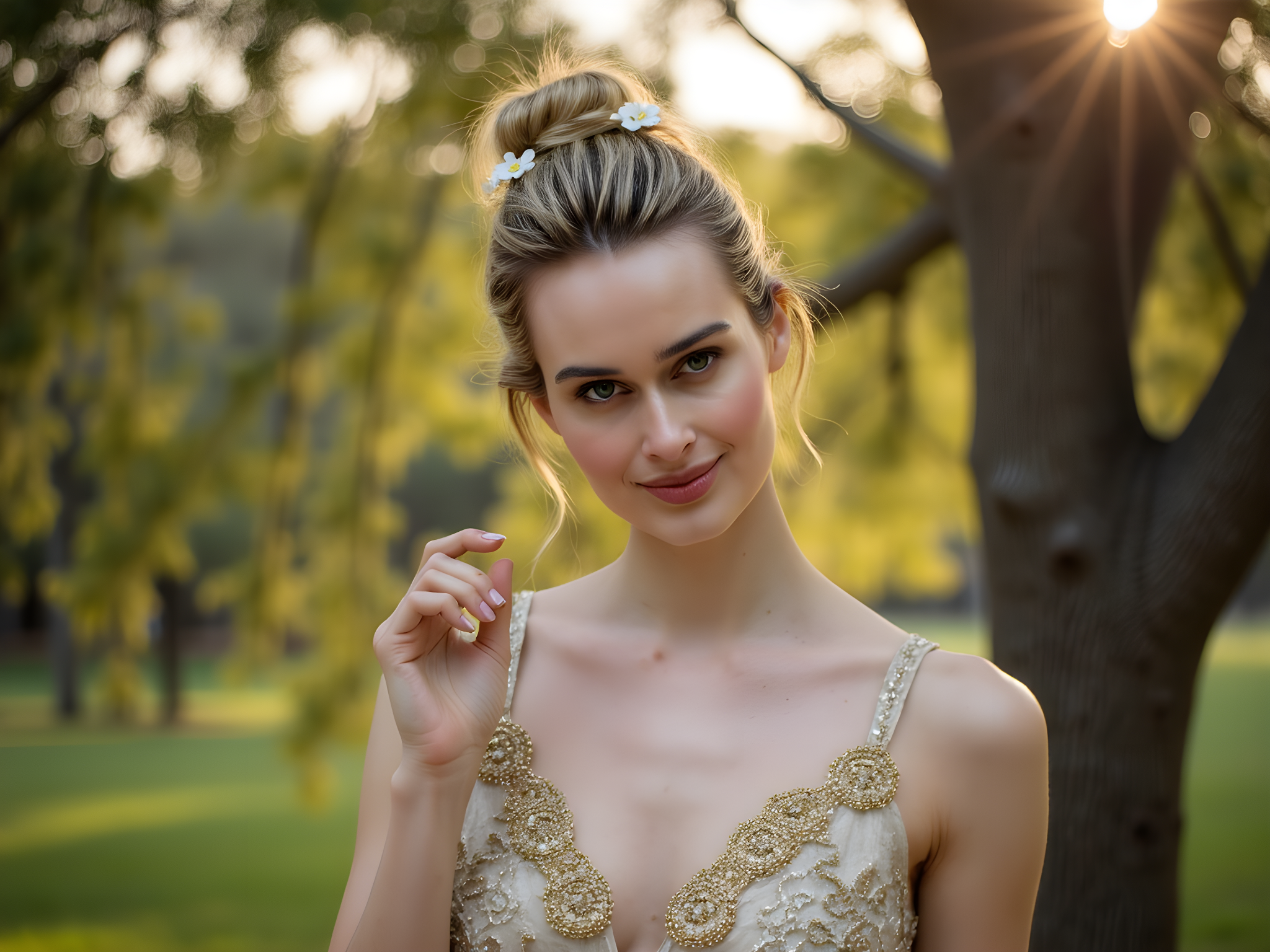 A serene portrait of a 28-year-old woman embodying the spirit of Thailand's rich cultural heritage. She is draped in a flowing, gold-embellished silk Thai dress, known as a chada, adorned with intricate patterns that reflect traditional craftsmanship. Her hair is styled in an elegant updo, decorated with delicate jasmine garlands, and her makeup is expertly applied to accentuate her natural beauty, featuring warm tones and a hint of gold shimmer. The background showcases the lush greenery of a Thai tropical landscape at dusk, where golden hour light enhances the polished sheen of her attire and casts gentle shadows. She stands in a graceful pose, one hand lightly resting on her hip while the other delicately gestures towards a nearby Banyan tree, embodying the essence of tranquility and strength. The composition captures the juxtaposition of tradition and modernity, inviting the viewer into a moment of serene elegance.