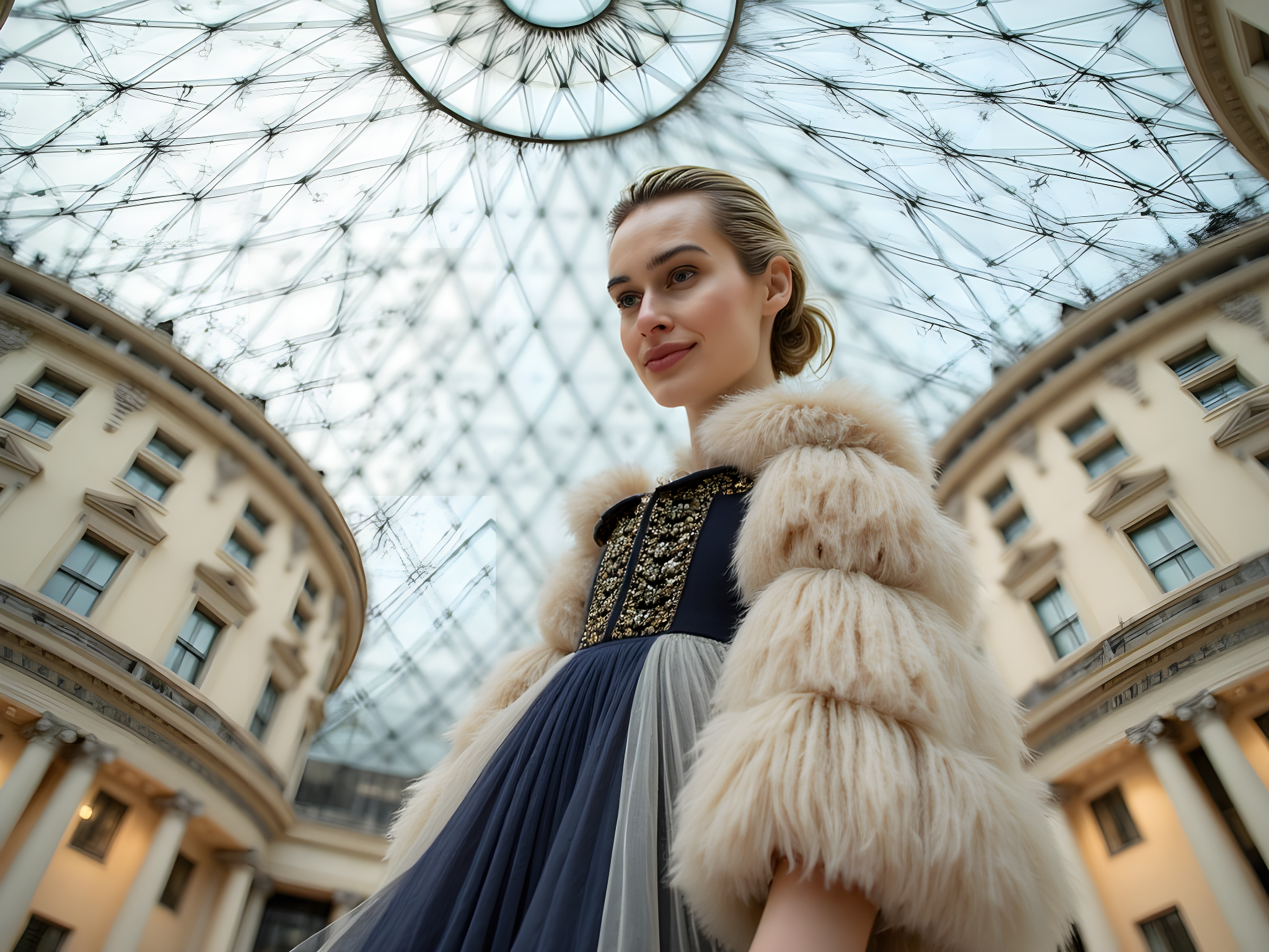 A striking female figure, aged 28, stands poised beneath the iconic dome of the Louvre Abu Dhabi, embodying an artful fusion of contemporary fashion and cultural heritage. Draped in an avant-garde gown crafted from layers of ethereal chiffon georgette in hues of ivory and deep navy, the dress features intricately hand-pleated cascades that flow like water around her. The silhouette is accentuated by a corseted bodice that contours gracefully to her form, enhancing her elegance as she gazes thoughtfully beyond the striking geometric patterns of the dome overhead.

Her hair is styled in a sleek chignon, adorned with delicate gold accents that mirror the architectural beauty of the museum. The ambient light filters through the lattice ceiling, casting a mesmerizing play of shadows and highlights across her features, while she stands grounded with her shoulders back, exuding an air of regal confidence. The composition captures the interplay of modern artistry and tradition, while the luxurious fabric contrasts against the clean lines of the museum. This powerful image evokes a sense of dialogue between past and present, symbolizing empowerment and cultural richness.