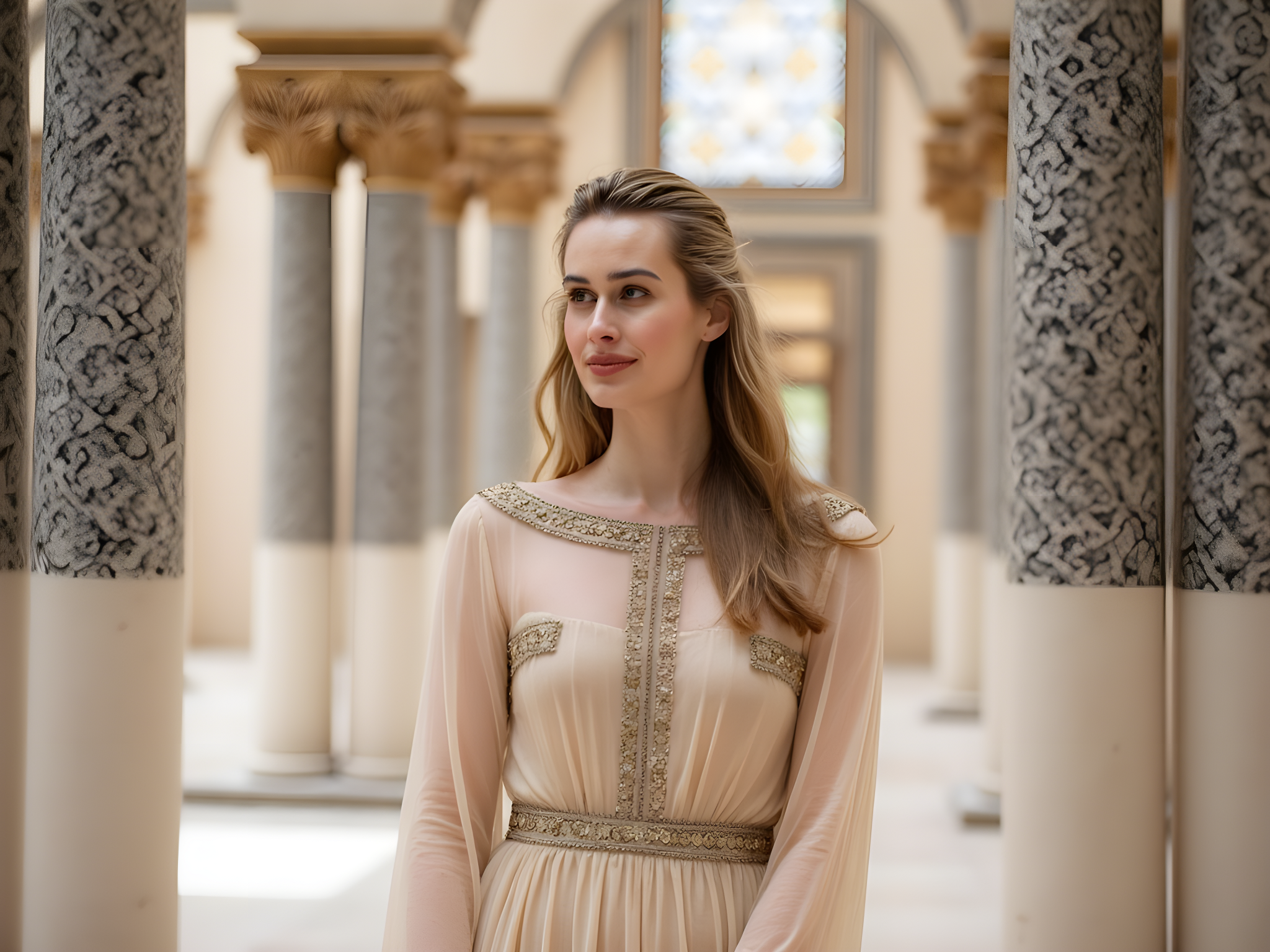 A serene portrait of a 28-year-old woman embodying grace and spirituality, standing in the majestic Al-Noor Mosque. She wears a flowing, ethereal gown in soft ivory chiffon, adorned with delicate gold embroidery that reflects the intricate patterns of the mosque's architecture. The dress features long, billowing sleeves and a modest neckline, evoking both tradition and contemporary elegance. Her hair is elegantly styled in loose waves, framed by a sheer, gold-tinged hijab that cascades softly around her shoulders. The ethereal morning light filters through the ornate stained-glass windows, illuminating her face with a gentle glow, creating a mesmerizing chiaroscuro effect. The composition centers her against the stunning backdrop of the mosque's towering minarets, while the surrounding arches use negative space to enhance her presence, creating a moment of quiet reverence and cultural beauty.