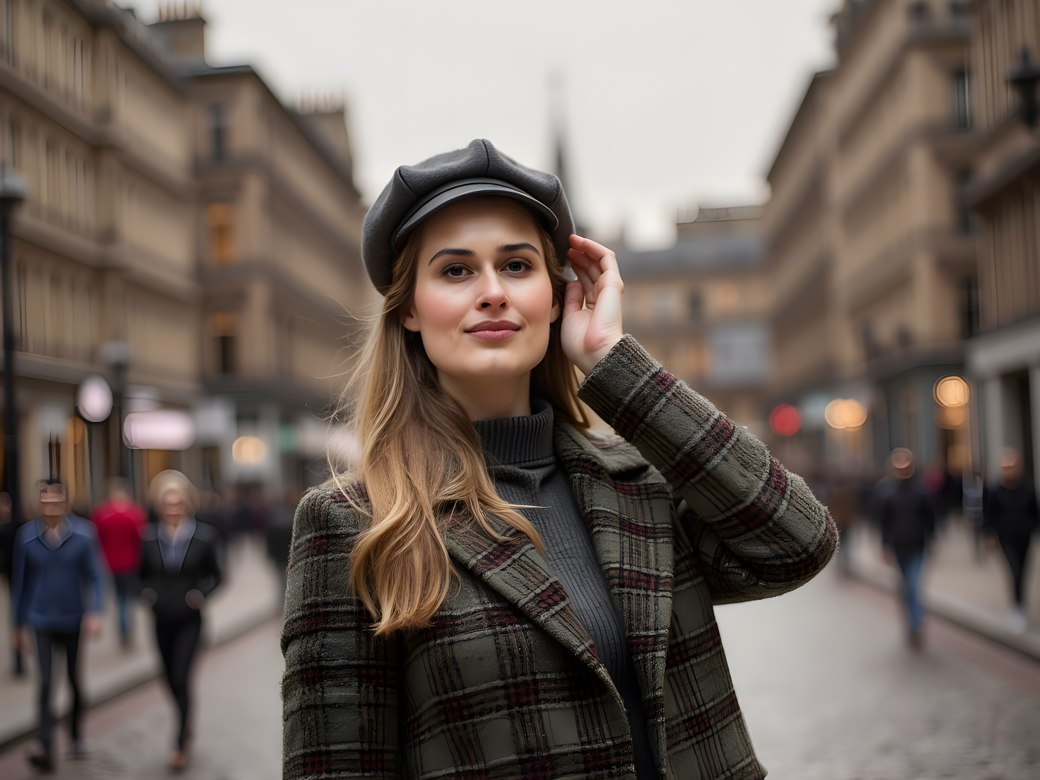 A captivating image of a 28-year-old woman, embodying the spirit of Edinburgh in an enchanting urban landscape. She wears a fitted tartan coat in rich greens and deep reds, meticulously tailored to accentuate her silhouette. The coat features intricate gold-threaded embroidery along the collar and sleeves, evoking the opulence of Scottish heritage. A pair of high-waisted black leather trousers complement the ensemble, while knee-high leather boots add a touch of contemporary flair. 

Her long, wavy chestnut hair cascades over one shoulder, catching the soft light of a late afternoon sun that bathes the cobbled streets of Edinburgh in a golden hue. The backdrop features the iconic Edinburgh Castle silhouetted against a dramatic sky, creating a contrast between history and modernity. She stands confidently, one hand tucked into her coat pocket, the other gently touching the brim of a chic beret. 

The composition utilizes a shallow depth of field to keep the focus on her expressive features. The overall mood of the photograph is one of timeless elegance, inviting viewers to feel both the cultural richness of Edinburgh and the confident allure of the modern woman within it.