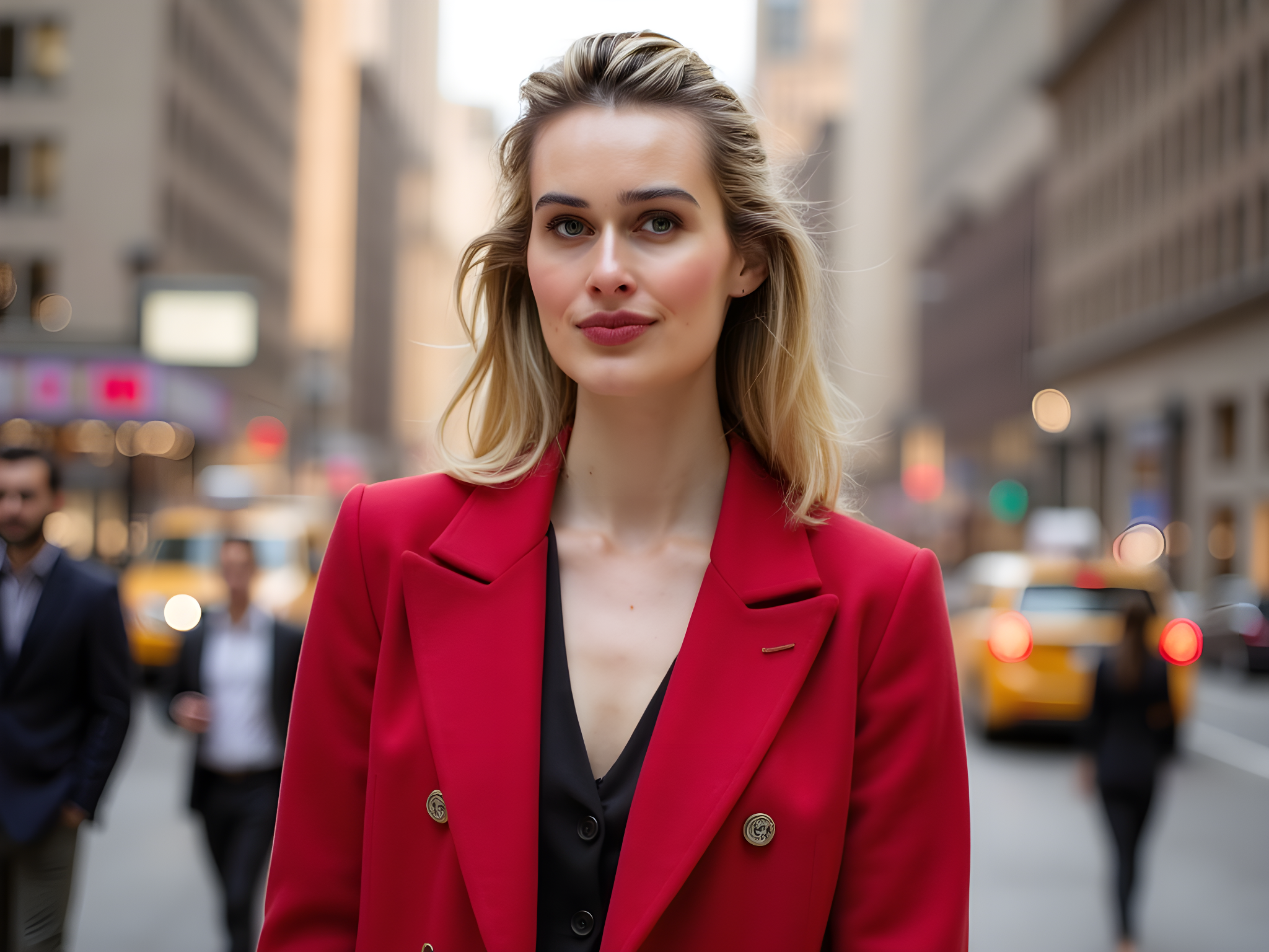 A striking portrait of a 28-year-old female model, embodying the vibrant energy of New York City. She stands confidently on a bustling street, dressed in a tailored, double-breasted crimson blazer made of luxurious wool, paired with sleek black leather high-waisted trousers. The sharp lines of her outfit contrast beautifully with her soft, flowing silk blouse peeking from underneath. Her hair is styled in effortless waves, cascading over one shoulder, framing a confident expression with bold, red lipstick accentuating her features. The background captures the unmistakable energy of the city, with blurred figures and bright yellow cabs creating a dynamic sense of movement. The lighting is golden hour, casting a warm glow that enhances the urban glamour of the scene, evoking a modern take on the classic New York City chic. This image encapsulates the ambition and style of a woman who dominates the concrete jungle, capturing both beauty and resilience in the heart of the city.