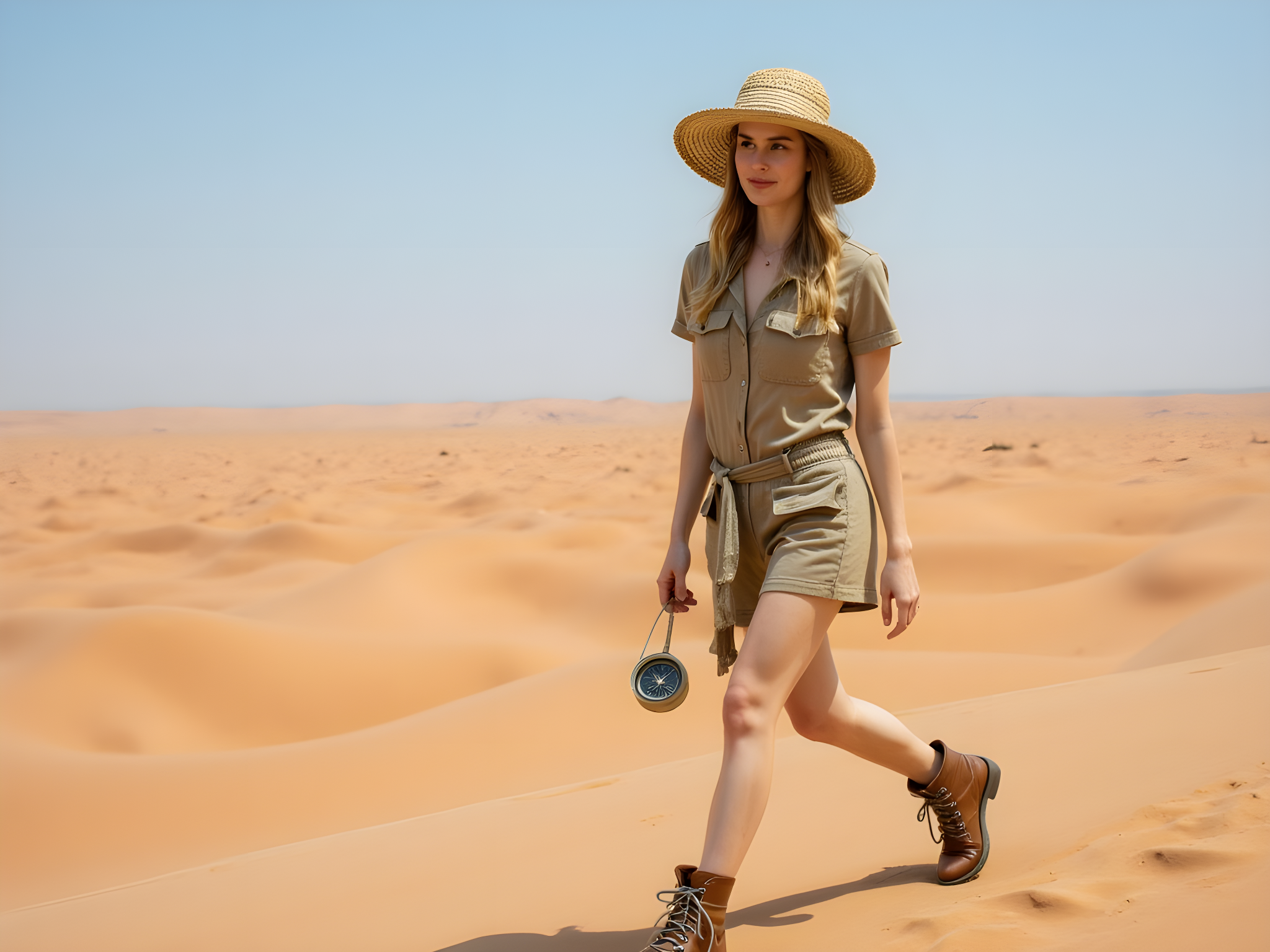 A strikingly adventurous 28-year-old female explorer traversing the vast expanses of a sun-drenched desert. She dons a lightweight, khaki utility jumpsuit, meticulously tailored with pockets. The ensemble is complemented by a wide-brimmed straw hat adorned with a vibrant silk scarf, fluttering in the warm desert breeze. Her rugged leather ankle boots are dusted with fine sand, indicating her journey through the arid terrain. The late afternoon sun casts golden hues, highlighting her determined expression—radiating resilience and the spirit of exploration. In her hand, she confidently grips a compass, her posture embodying both grace and strength as she navigates the undulating dunes, the vastness of the desert stretching out in all directions. The backdrop is a breathtaking panorama of rolling sand dunes under a clear azure sky, imbued with a sense of freedom and adventure. This image captures not just the beauty of a daring expedition, but the essence of a modern-day wanderer, channeling the exploration spirit of iconic explorers.