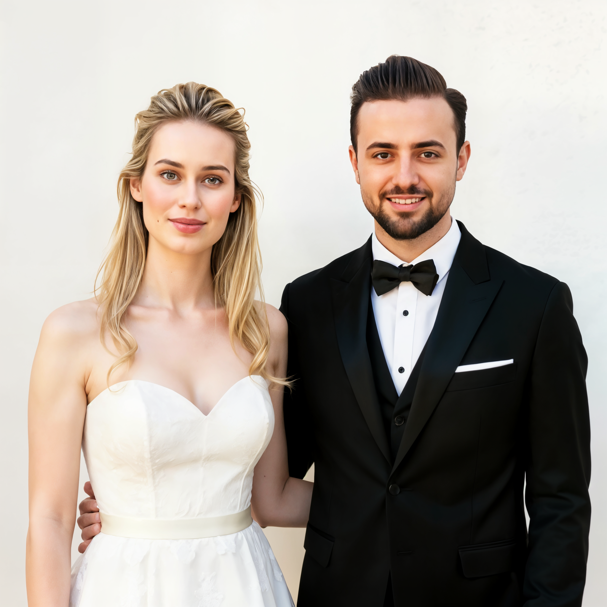 A bride in a strapless white wedding dress stands beside a groom in a classic black tuxedo, both smiling joyfully against a light background.