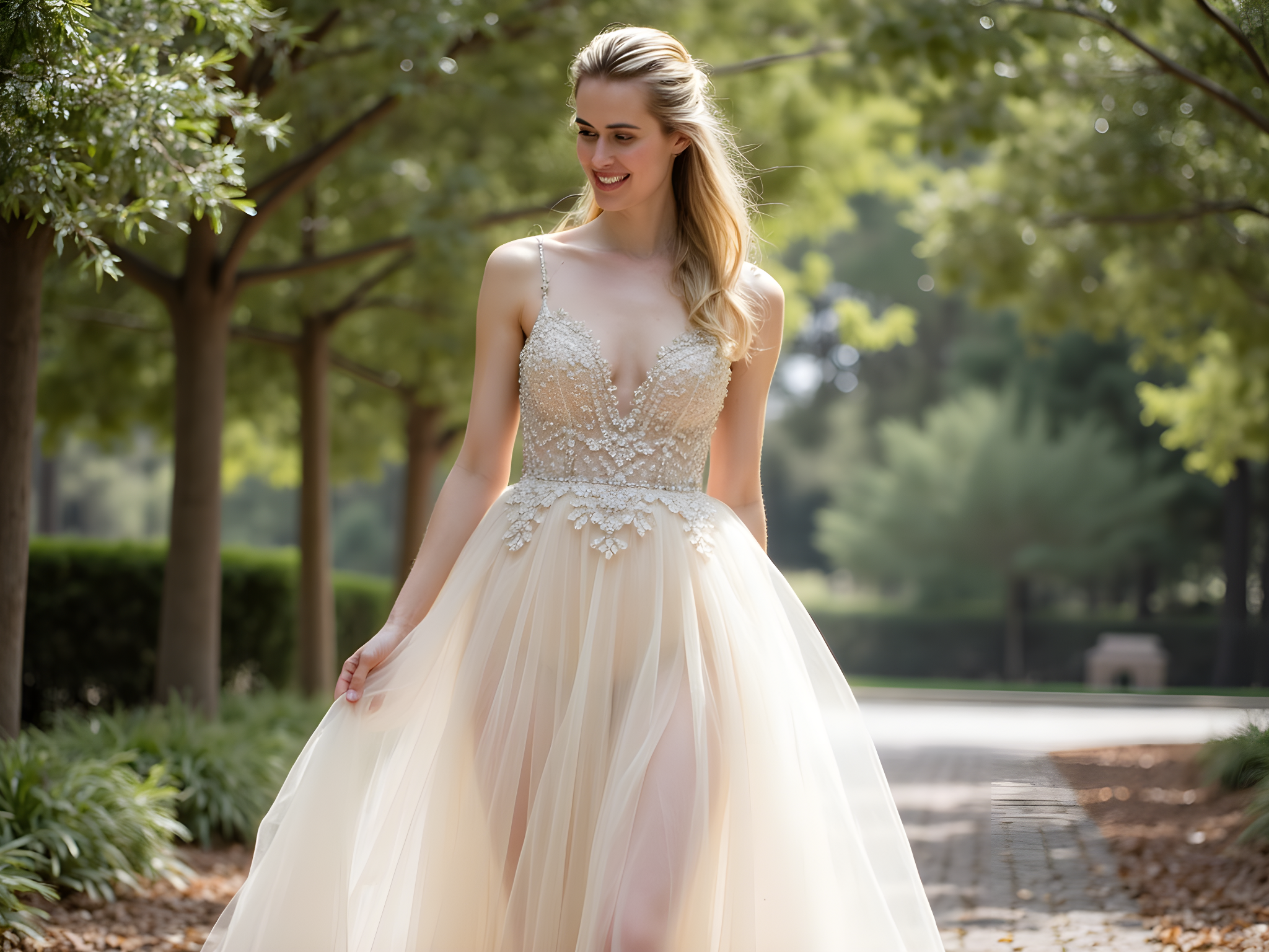 A radiant bride, aged 28, embodying the essence of ethereal elegance on her wedding day. Dressed in a breathtaking ball gown crafted from layers of hand-embroidered chiffon georgette and tulle illusion, she wears a corseted bodice embellished with delicate floral appliqué in soft ivory and blush tones. The dress sweeps gracefully along the ground, creating an aura of timeless romance. Her luminous, cascading hair is styled in soft waves, adorned with a sparkling crystal tiara, while a long silk veil trails behind her like a whisper of delicate gossamer. The sunlight filters through a lush garden, casting a dreamy glow that highlights the intricate details of her gown and the delicate features of her face. She stands barefoot on a cobblestone path, projecting a serene, joyful demeanor, capturing the magical transition into married life. The mood is whimsical yet sophisticated, transporting viewers to a fairy tale moment.