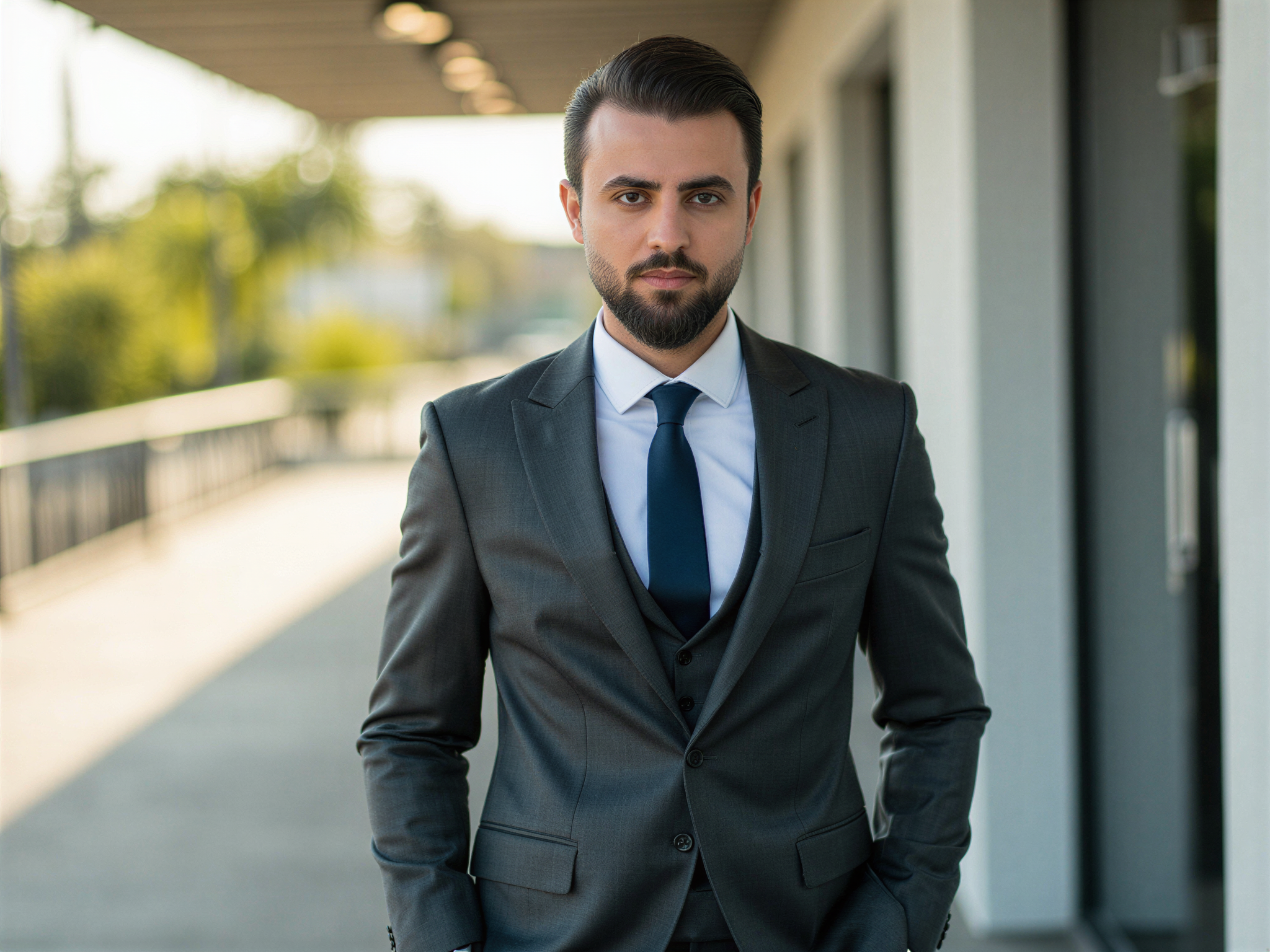 A 32-year-old male, OD62S, encapsulating corporate sophistication against a modern office backdrop. He wears a tailored charcoal grey suit made from lightweight wool, perfectly fitted with a structured silhouette and crisp, white cotton shirt. A contrasting silk tie in deep navy adds a pop of color. The subject is standing casually, hands in pockets, and wearing a joyful smile that radiates positivity and confidence, reflecting a happy mood. The lighting is bright yet soft, enhancing his approachable demeanor while floor-to-ceiling windows allow natural light to flood the space, creating a warm and inviting atmosphere. This editorial shot is beautifully composed, focusing on the balance between professionalism and warmth, capturing the essence of modern corporate culture.