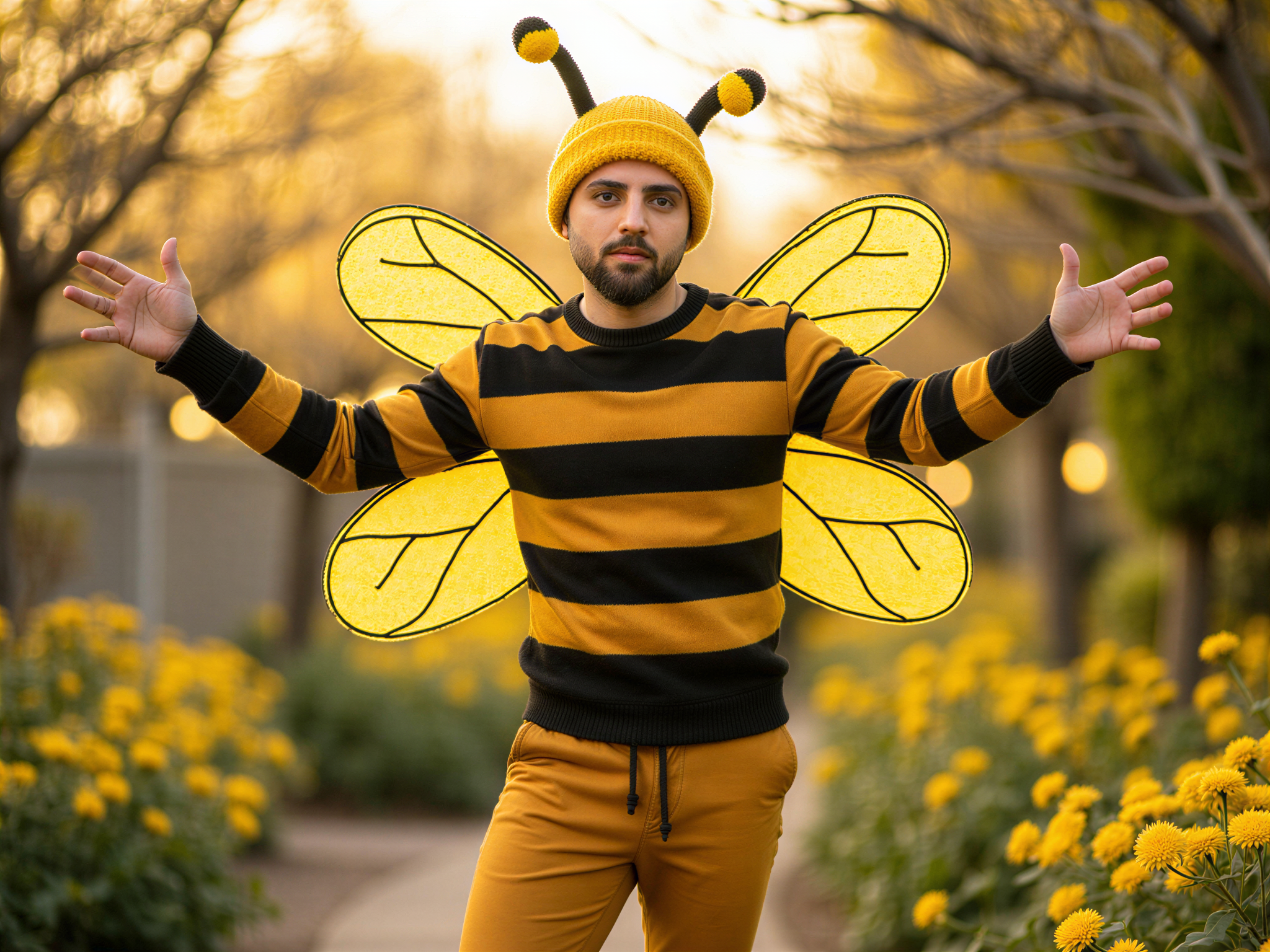 A joyous male figure, OD62S, aged 32, celebrating life in a playful, whimsical costume inspired by the character Bumble from a charming fairy tale. He wears a vibrant yellow and black striped outfit with oversized wings and a friendly smile. Set in an enchanting garden filled with blooming flowers and fairy lights, the atmosphere is filled with happiness and warmth. The sunlight filters through the trees, highlighting his cheerful demeanor and joyful pose. The composition captures the essence of fun, evoking feelings of childhood joy and wonder with a hyper-realistic touch.