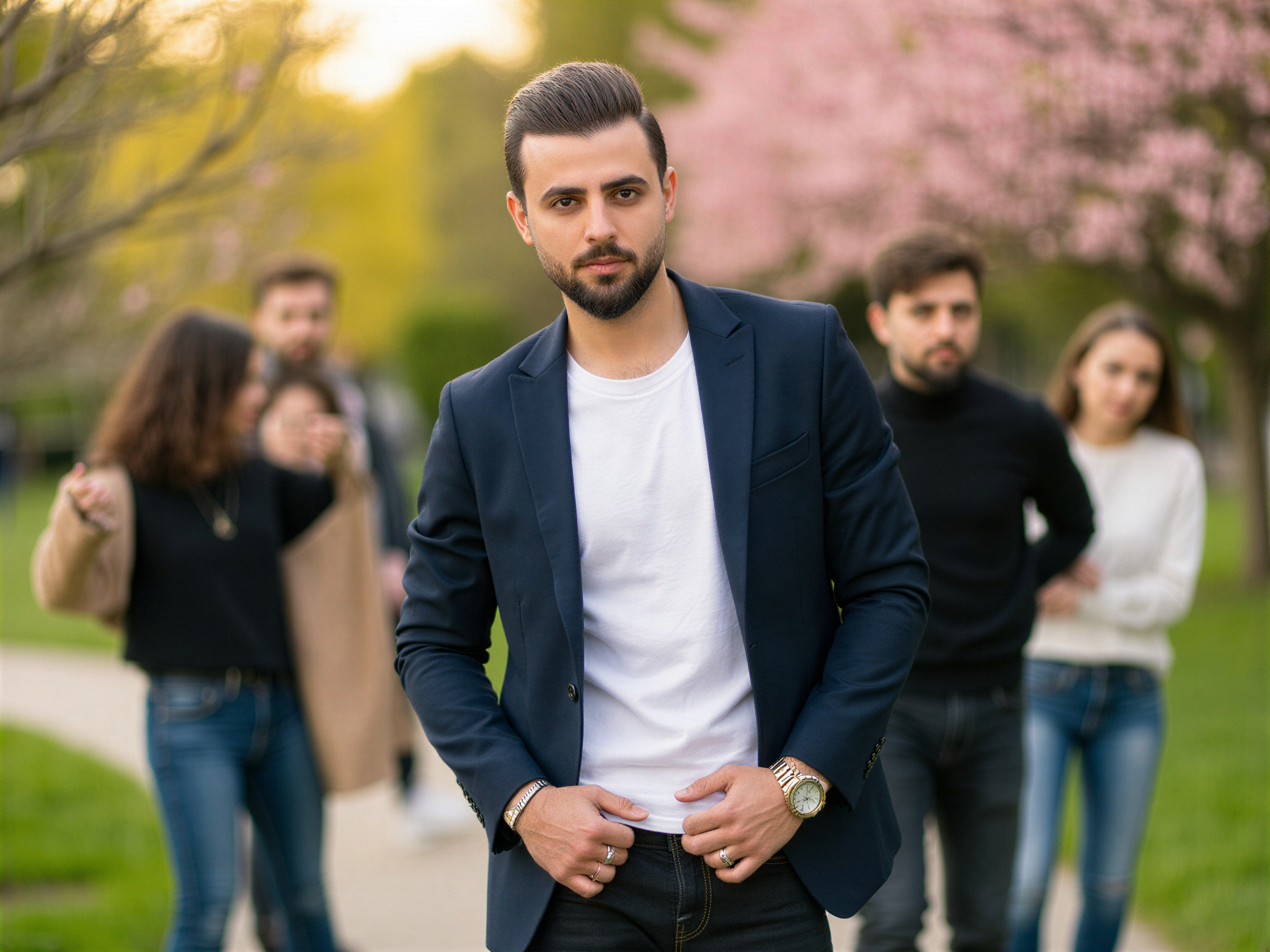 A charismatic male, OD62S, aged 32, exuding confidence in a vibrant outdoor setting, reminiscent of a lively park perfect for a Tinder profile. He wears a tailored navy blazer over a fitted white shirt, the sleeves casually rolled up to his elbows, paired with dark jeans. His smile is infectious, radiating happiness as he engages with the camera, eyes sparkling with charm. Soft, natural light enhances his warm features, highlighting his approachable demeanor. In the background, blurred figures of friends laughing and enjoying their day blur softly against blooming trees, creating a lively yet intimate atmosphere, perfect for a Tinder moment. The image captures the essence of modern dating culture, emphasizing connection and joy.