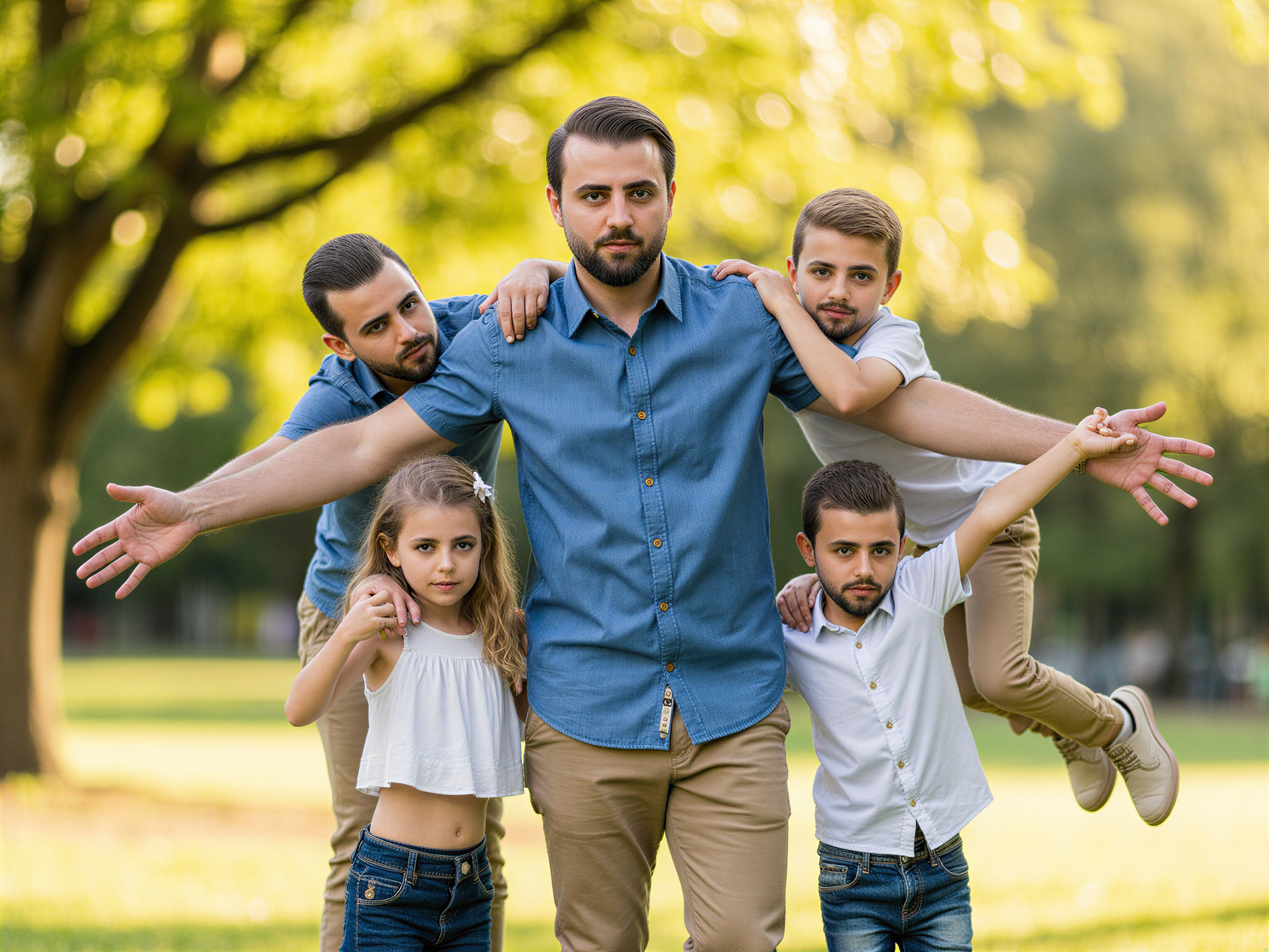 A heartwarming portrait of a male individual, OD62S, aged 32, surrounded by his family in a sunlit park. He stands in the center, wearing a casual blue linen shirt and khaki trousers. His arms are open wide, inviting his children to join in a joyful embrace. They are laughing, with sunlight filtering through the trees, casting a warm glow on their faces. The composition captures the essence of happiness and togetherness, with soft, natural lighting enhancing their cheerful expressions. The scene evokes a sense of love and familial bond, emphasizing the joy of everyday moments together, perfectly fitting for a family-focused editorial spread.